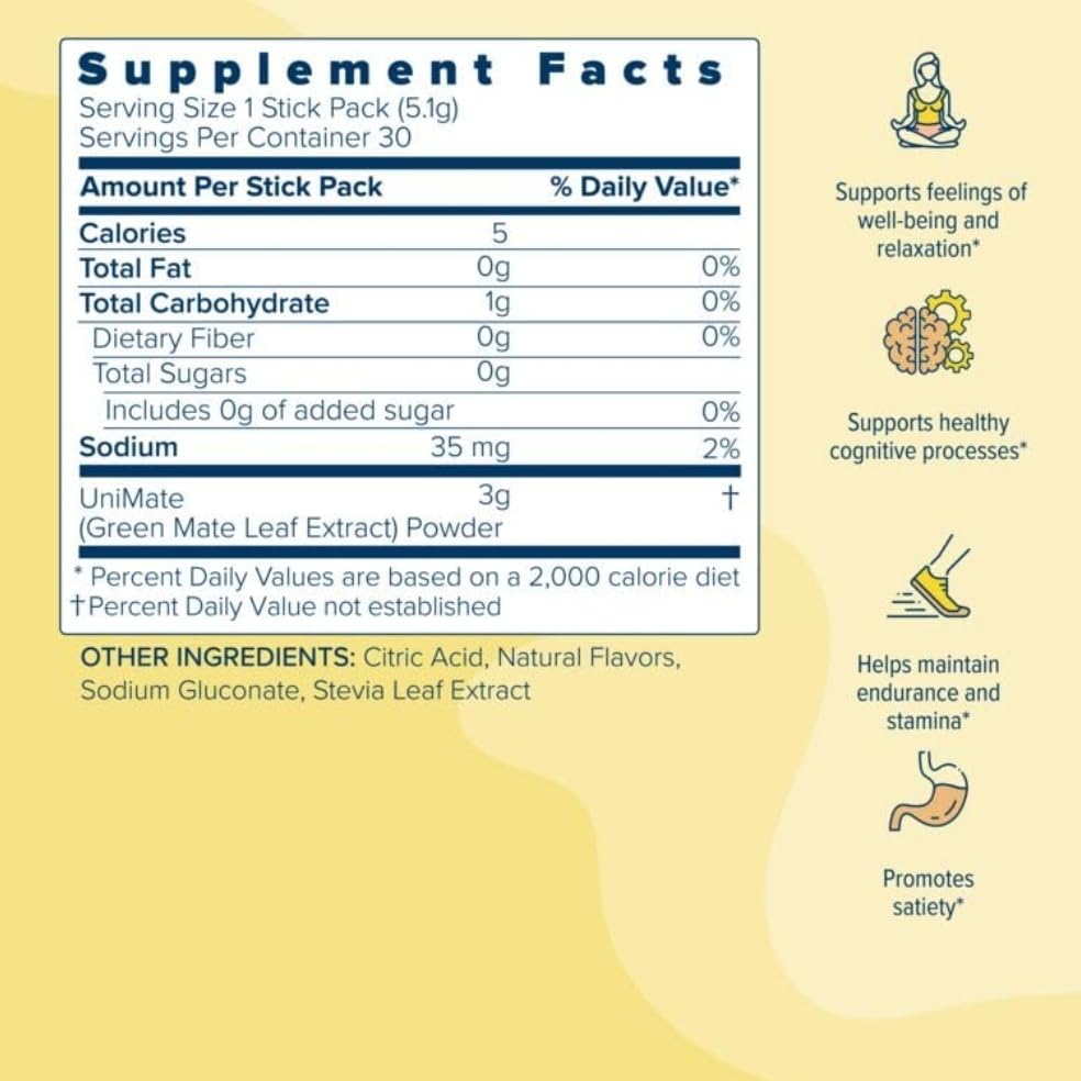Unicity Unimate Natural Lemon Yerba Mate Drink Mix - 30 Packets of Ultra Concentrated Energy Powder | Healthy Coffee Alternative & Natural Energy Booster | Perfect for Workouts, Office Focus & Morning Energy (30-Day Supply)
