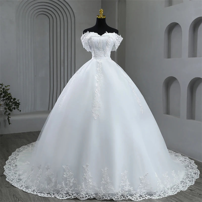 Elegant Plus Size Off Shoulder Wedding Dress with Appliques and Pearls - Perfect for Brides, Beach Weddings & Formal Occasions