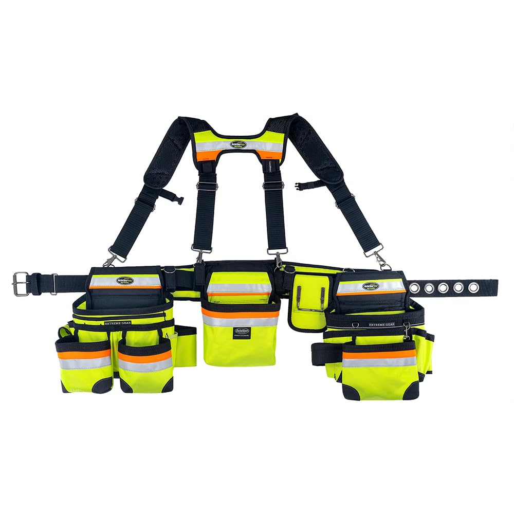 Bucket Boss 55185-HVOY 3-Bag High-Visibility Tool Belt with Suspenders - Safety Yellow with 3M Scotchlite Reflective Strips - Perfect for Construction Workers, Electricians & DIY Home Improvement Projects
