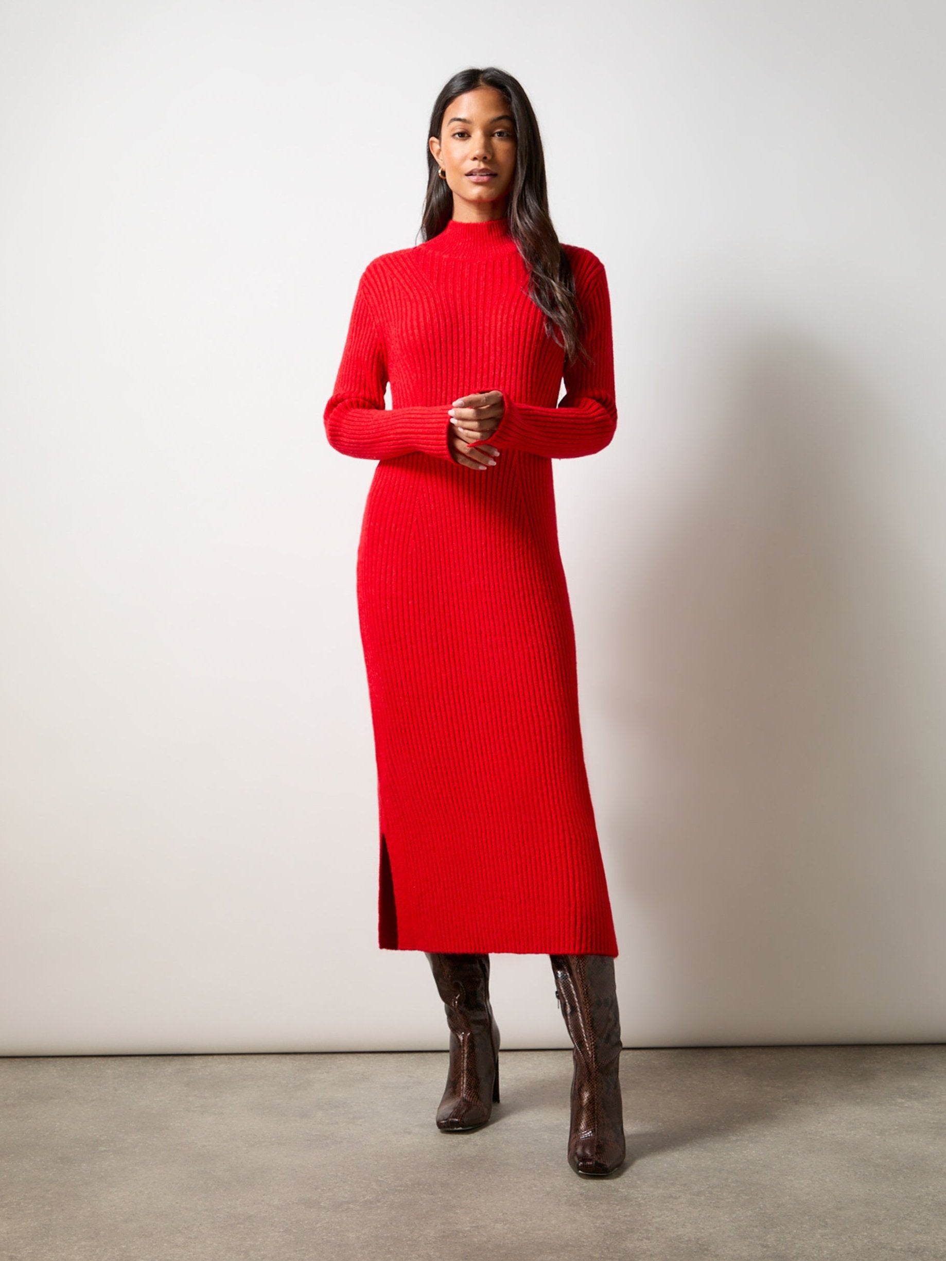 Stylish Red High Neck Jumper Dress for Women - Elegant Winter Knit Sweater Dress - Perfect for Holiday Parties, Date Nights & Office Wear