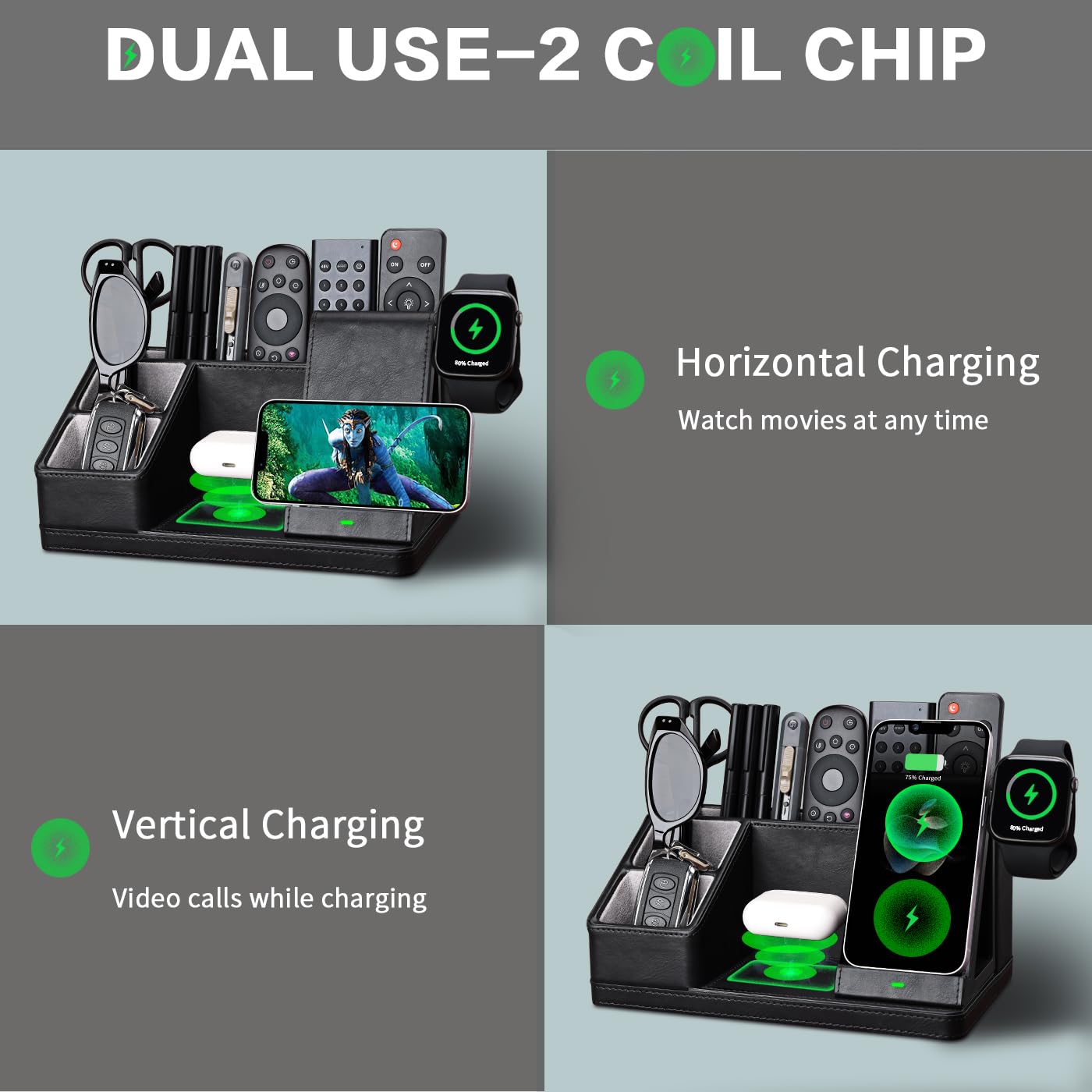 Premium Black Leather Desk Organizer with Wireless Charging Station | Office Desk Accessories Set | Pen Holder, Remote Control Organizer & Phone Charger | Perfect for Home Office, Nightstand & Workspace Organization