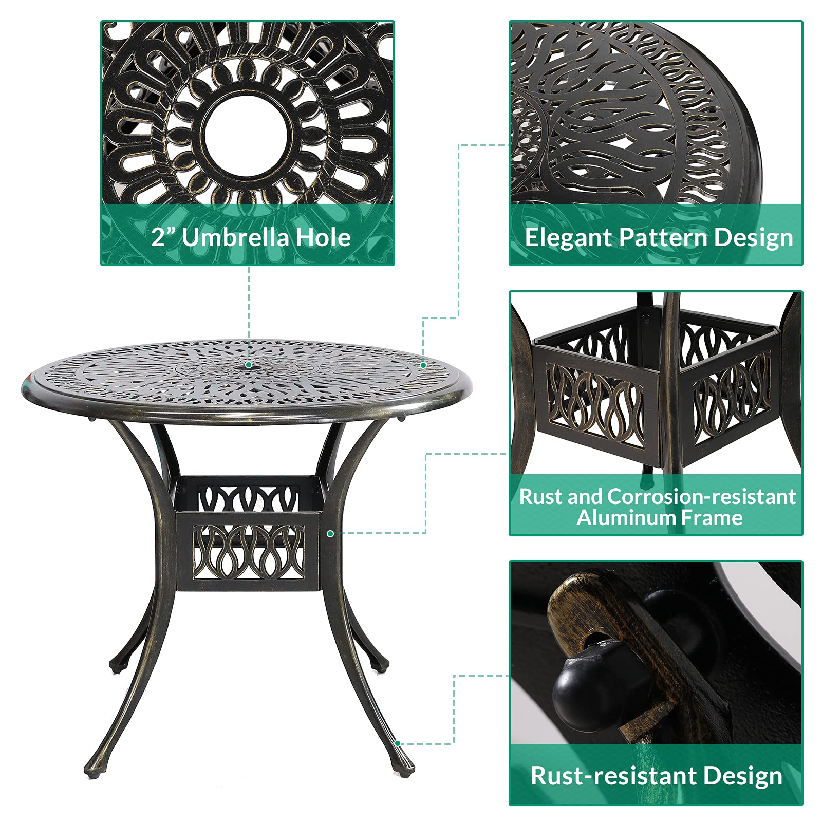 VIVIJASON 5-Piece All-Weather Outdoor Patio Dining Set - Cast Aluminum Round Table with Umbrella Hole & 4 Chairs - Durable Garden Furniture for Balcony, Lawn, Backyard - Perfect for Outdoor Entertaining and Relaxation