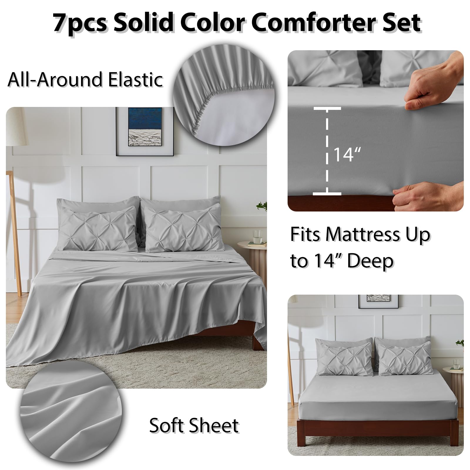 CozyLux 7-Piece Queen Size Comforter Set - Light Gray Pintuck Bed in a Bag with All-Season Comforter, Sheets & Pillowcases | Perfect for Master Bedroom, Guest Room & Vacation Homes
