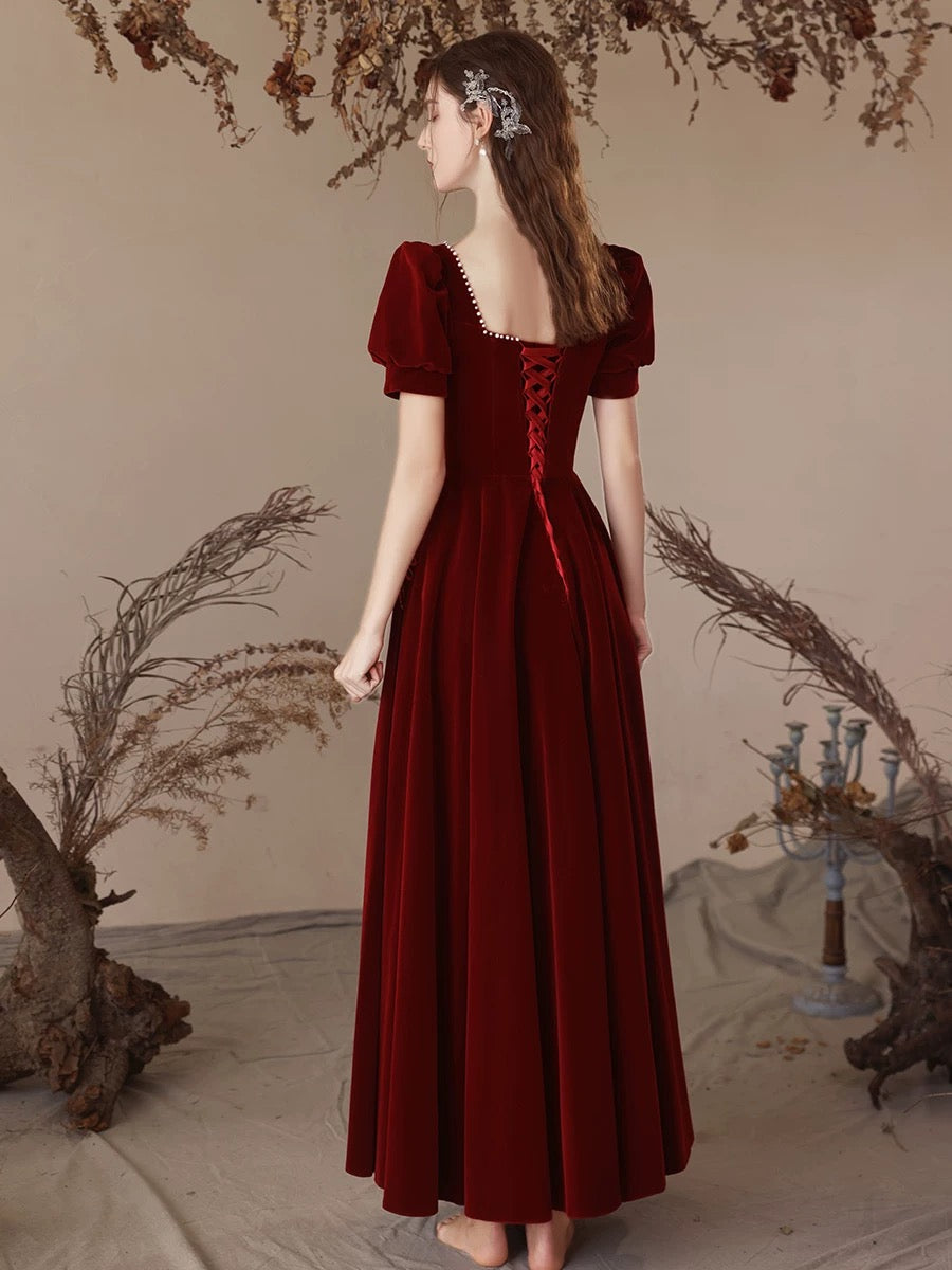 Elegant A-Line Velvet Burgundy Long Prom Dress for Women - Formal Evening Gown for Homecoming, Ball, and Special Occasions