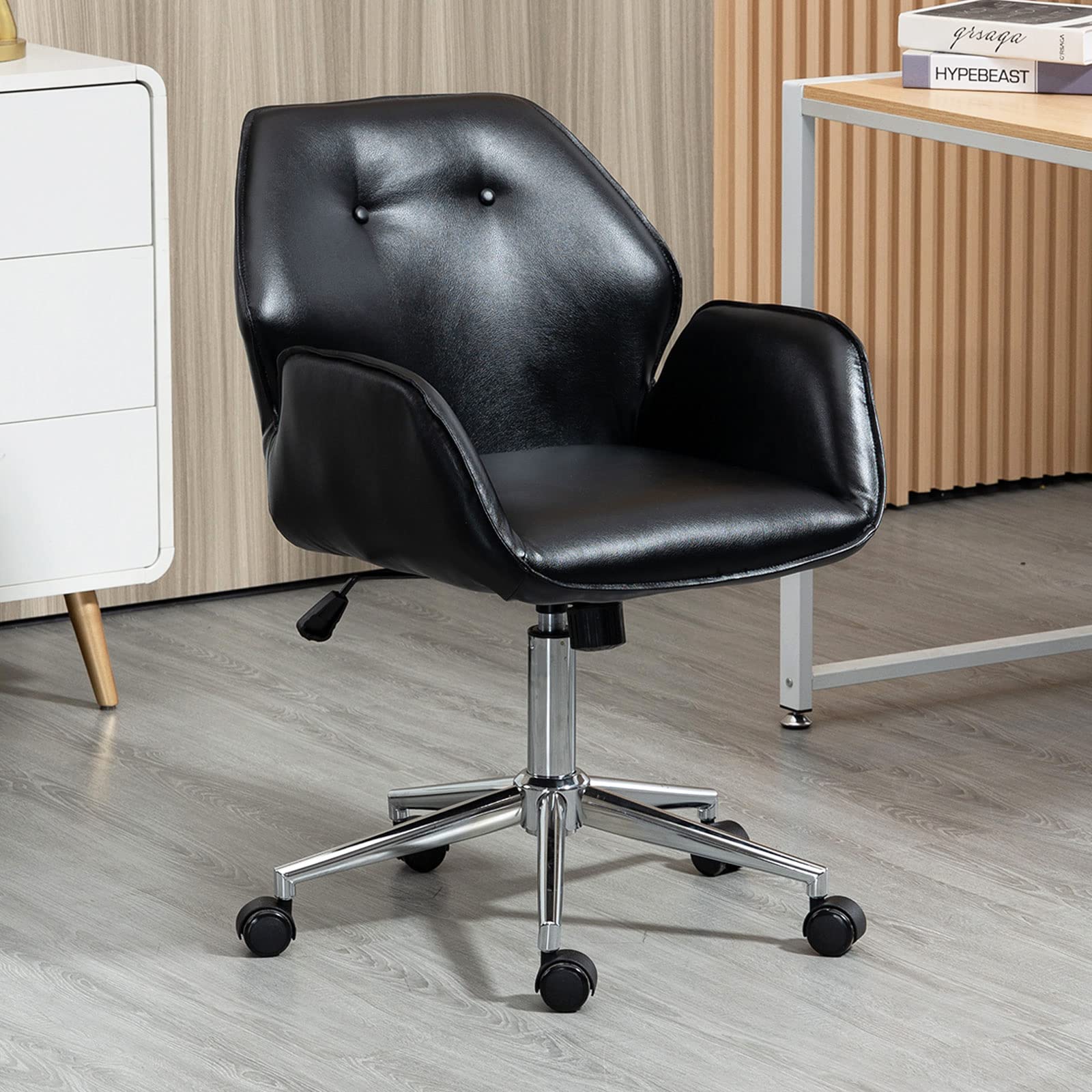 Ergonomic PU Faux Leather Office Chair - Adjustable Height Mid Back Computer Desk Chair with Swivel Base - Modern Managerial Task Chair for Home & Office Workspace (Black) | Perfect for Long Hours of Work, Gaming, and Study Sessions