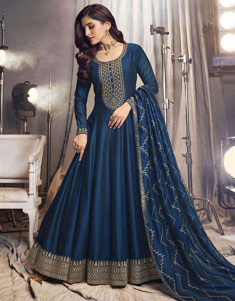 Blue Dianne Pant Style Anarkali Semi Stitched Salwar Kameez - Elegant Indian Ethnic Wear for Weddings & Festive Occasions