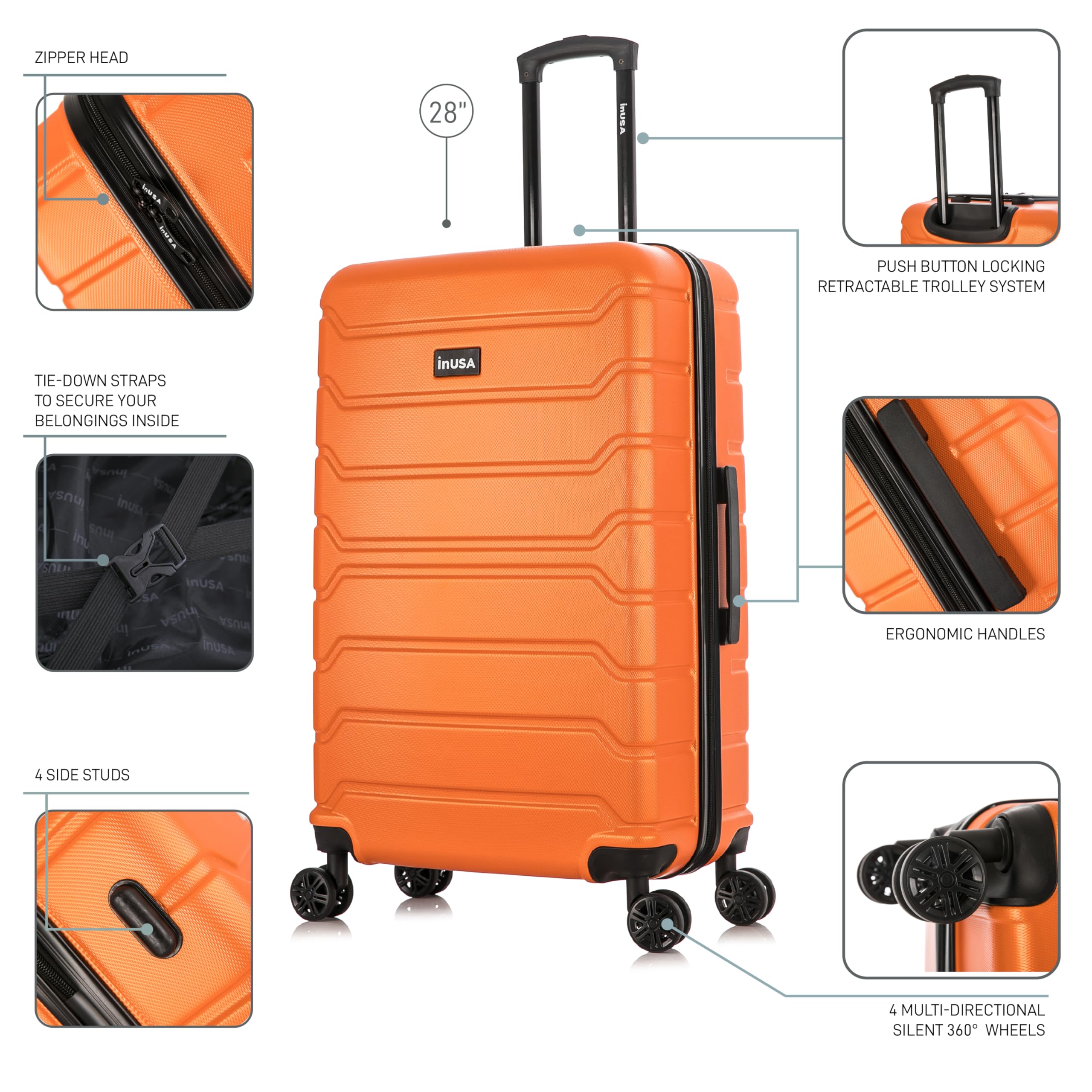 InUSA TREND 3-Piece Lightweight Hardshell Luggage Set with 360° Spinner Wheels - 20in, 24in & 28in Carry-On Checked Suitcases - Durable Orange Travel Bags for Business Trips, Vacations & Family Getaways
