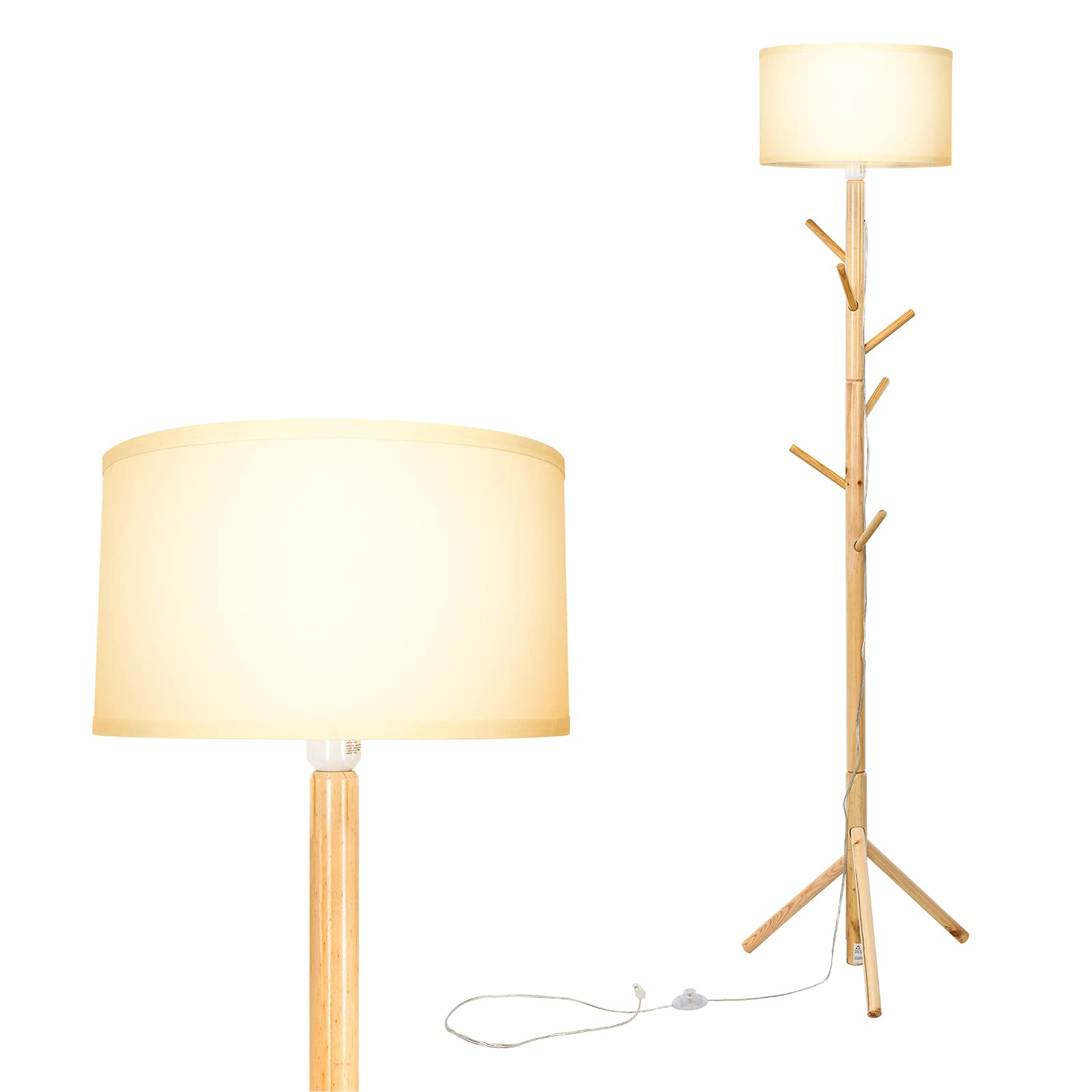 Tangkula Multifunctional Wood Floor Lamp with 6 Hooks & Coat Rack - E26 Lamp Holder, Foot Switch - Modern Standing Pole Light for Living Room, Bedroom, Hallway - Natural Finish - Perfect for Entryway Lighting & Space-Saving Storage