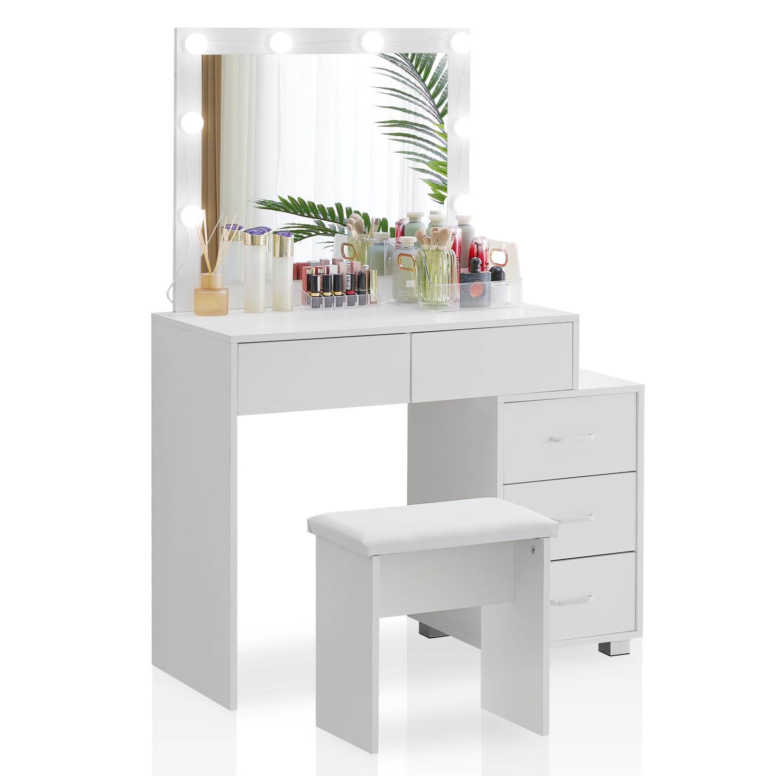 LED Vanity Mirror with Stool - 5-Drawer Makeup Desk for Bedroom