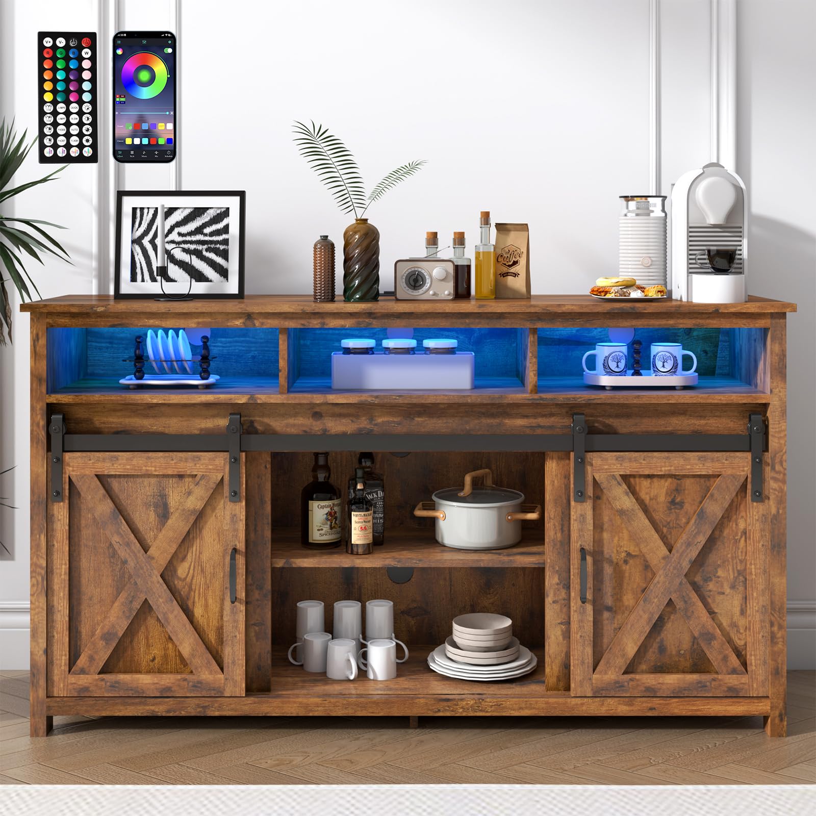 Rustic Farmhouse Coffee Bar Cabinet with Power Outlet - Wood Buffet Storage Sideboard with Shelves for Dining Room & Living Room - Perfect for Entertaining Guests & Organizing Kitchenware (Brown)