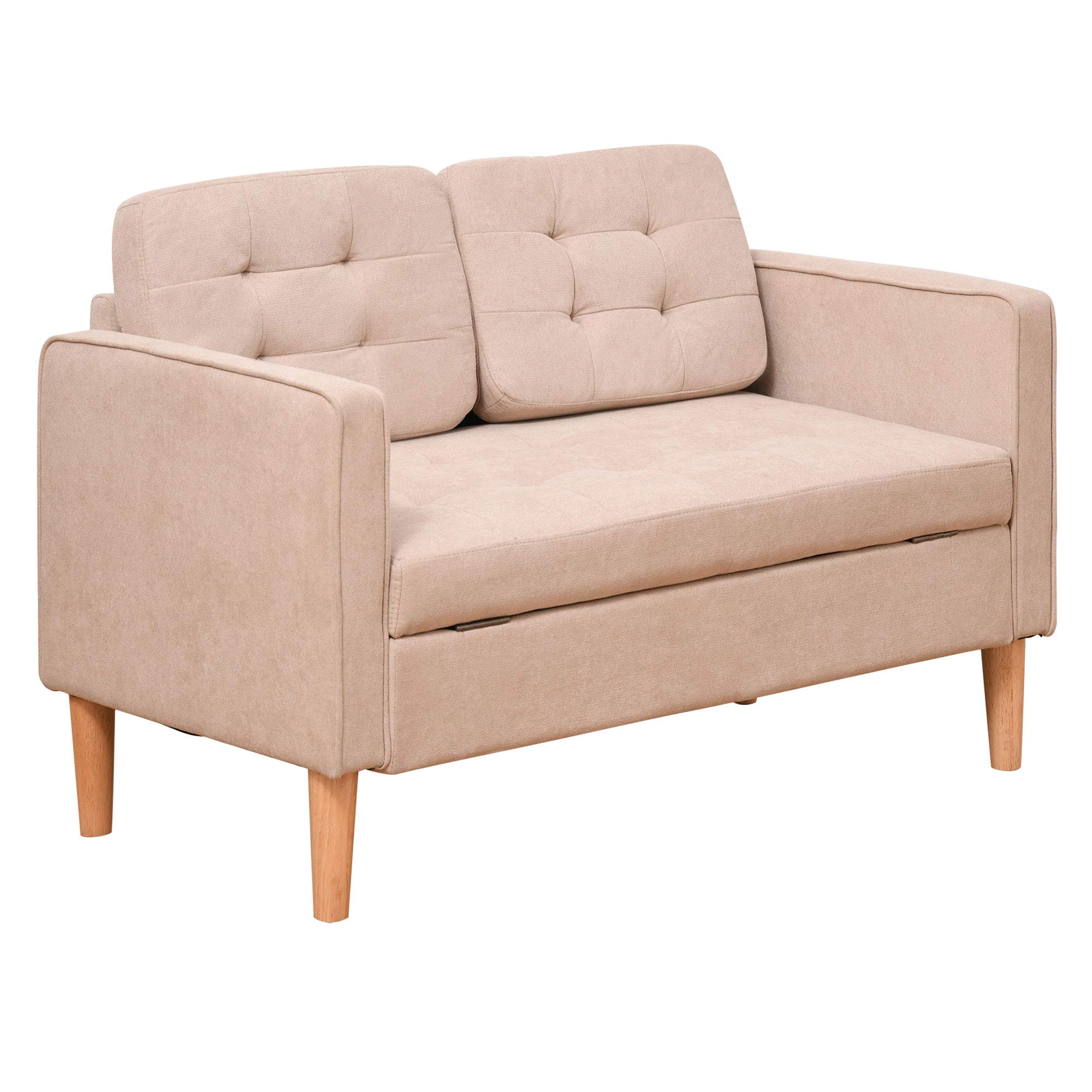 HOMCOM Modern 2-Seater Loveseat Sofa with Storage Chest - Button-Tufted Fabric Couch with Cushions & Rubberwood Legs for Living Room, Bedroom, Apartment - Light Brown Contemporary Design for Small Spaces
