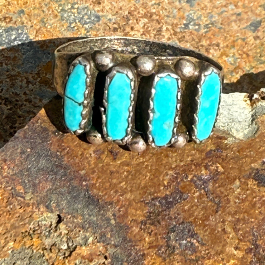Turquoise Needlepoint Row Ring in Sterling Silver - Size 8 | Elegant Boho Jewelry for Women, Perfect for Everyday Wear & Special Occasions