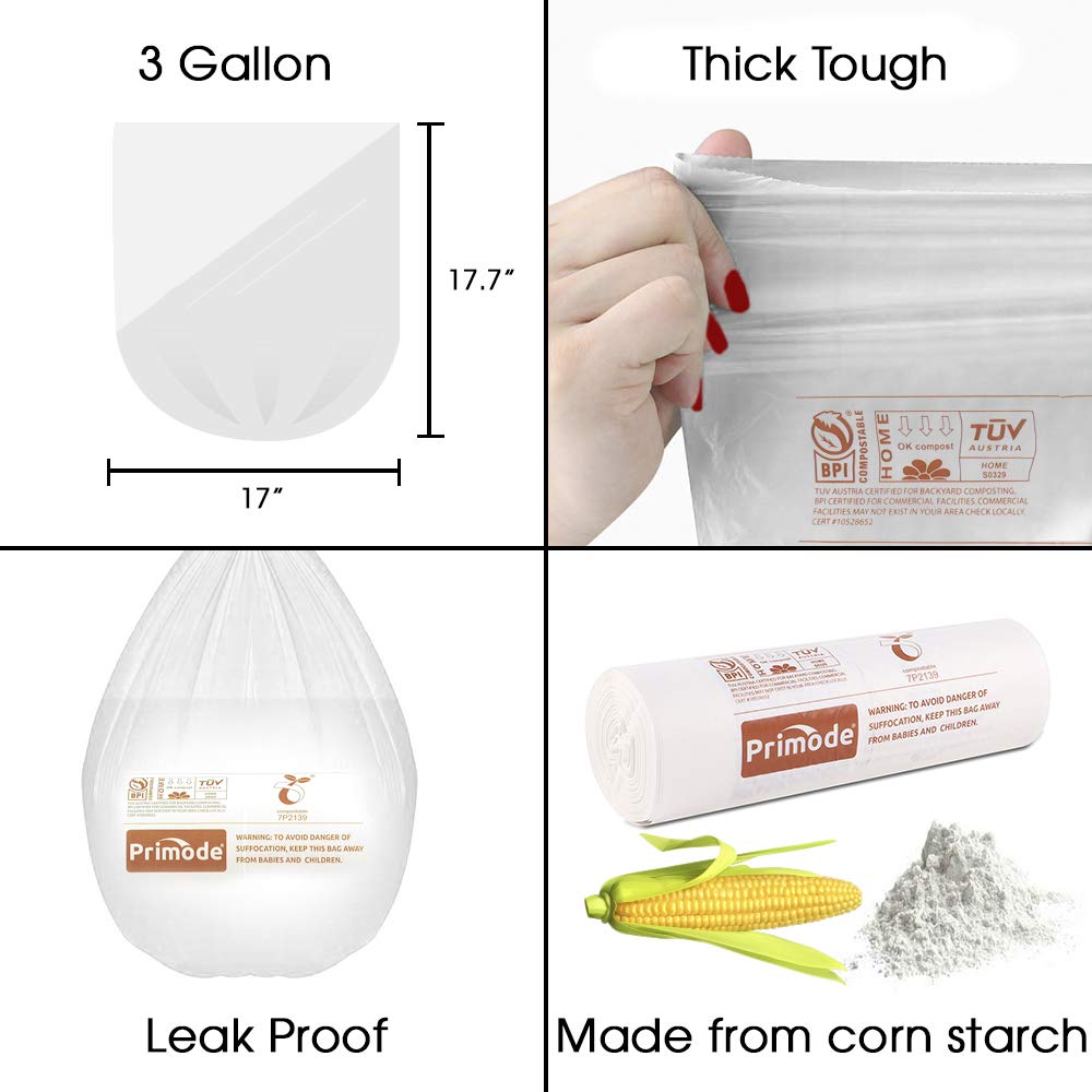 Primode 3 Gallon Compostable Trash Bags - 100 Count Extra Thick 0.71 Mil Kitchen Waste Bags for Food Scraps & Yard Waste | BPI & TÜV AUSTRIA Certified (ASTMD6400) | Perfect for Eco-Friendly Home Composting & Organic Waste Disposal
