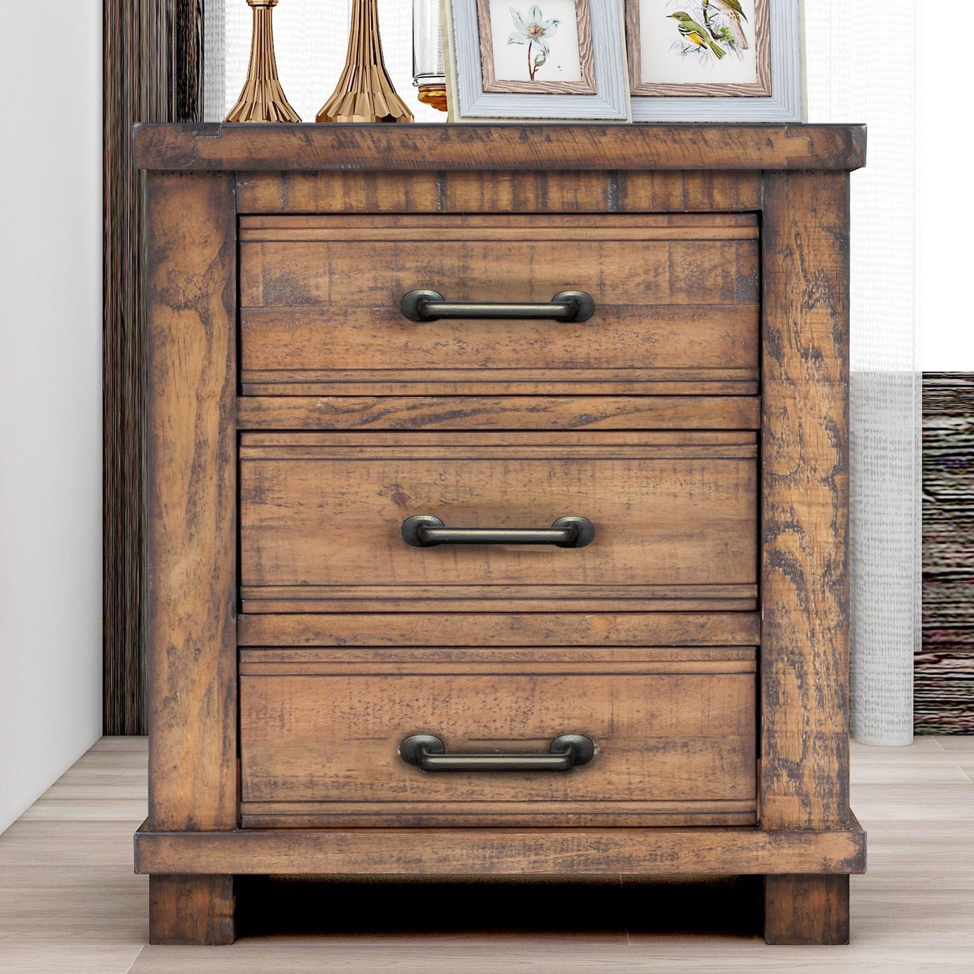 Rustic Reclaimed Pine Wood Nightstand with 3 Storage Drawers - Full Extension Drawer Slides & Antiqued Zinc Pulls - Bedside Table for Bedroom, Living Room, Guest Room - Perfect for Small Spaces & Home Decor