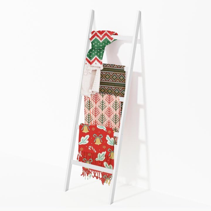 5-Tier Blanket Ladder with Anti-Slip Design - Decorative Towel Rack for Blankets, Quilts & Scarves | Space-Saving Storage Solution for Living Room, Bedroom & Bathroom | Rustic Farmhouse Home Decor (White) - Perfect for Cozy Blanket Displays & Bathroom Towel Organization