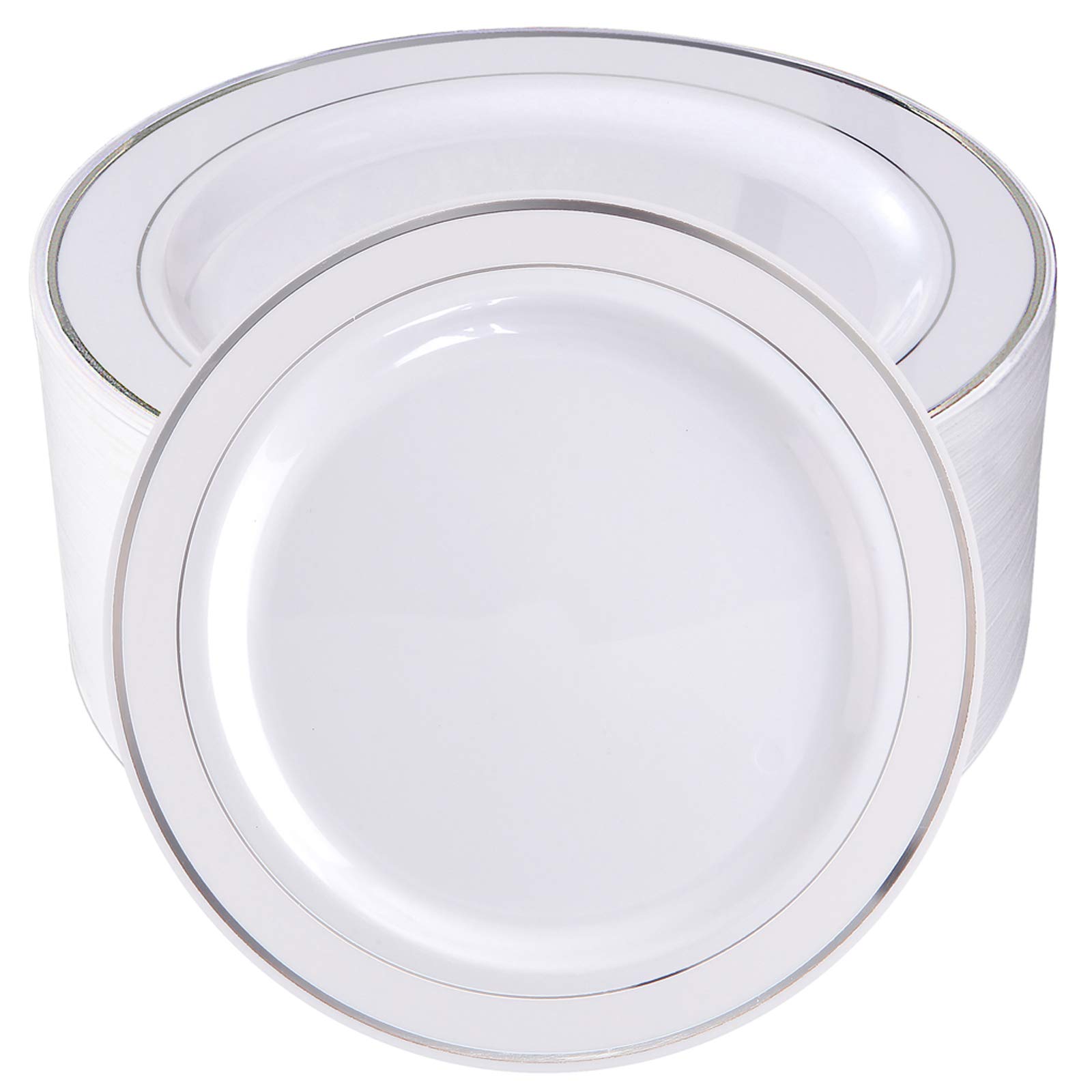 100-Pack Silver Plastic Plates - 10.25 Inch Elegant Disposable Dinner Plates with Silver Rim - Perfect for Weddings, Birthday Parties, Christmas & Holiday Celebrations - Durable & Stylish for Buffets, Catering & Outdoor Events