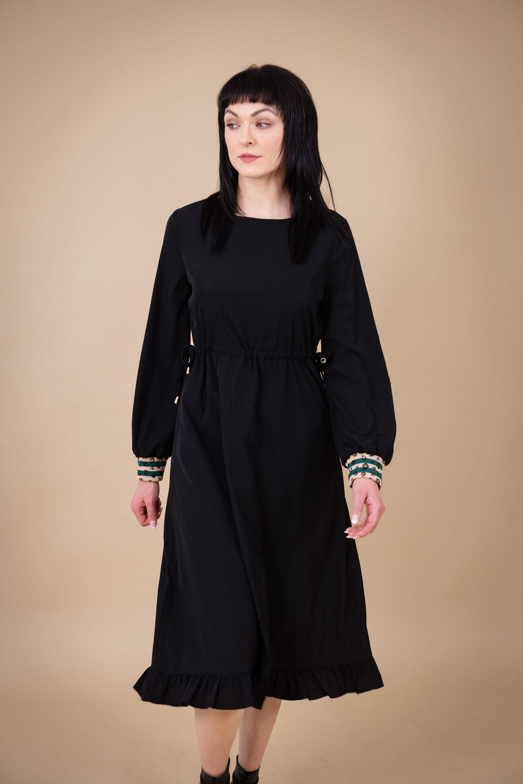Erin Black Drawstring Midi Dress for Women - Flattering Curve Fit - Perfect for Casual Outings, Date Nights & Summer Vacations