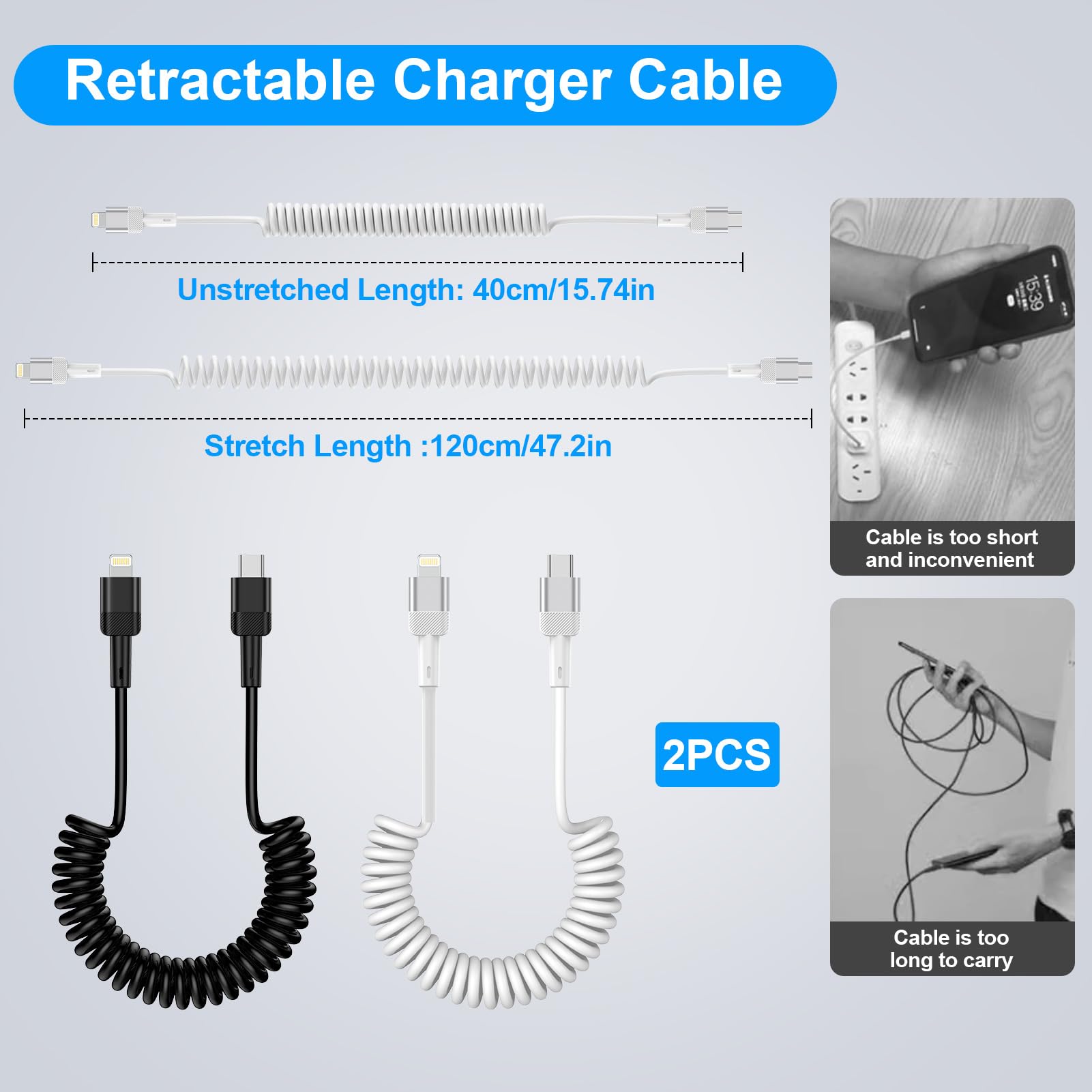 Apple USB C CarPlay Cable - 2 Pack Retractable Coil Charging Cable for iPhone 14 Pro Max/14 Plus/14/13/12/11/Xs/XR & iPad - Fast Charging, Tangle-Free Design for Car, Home, and Office Use