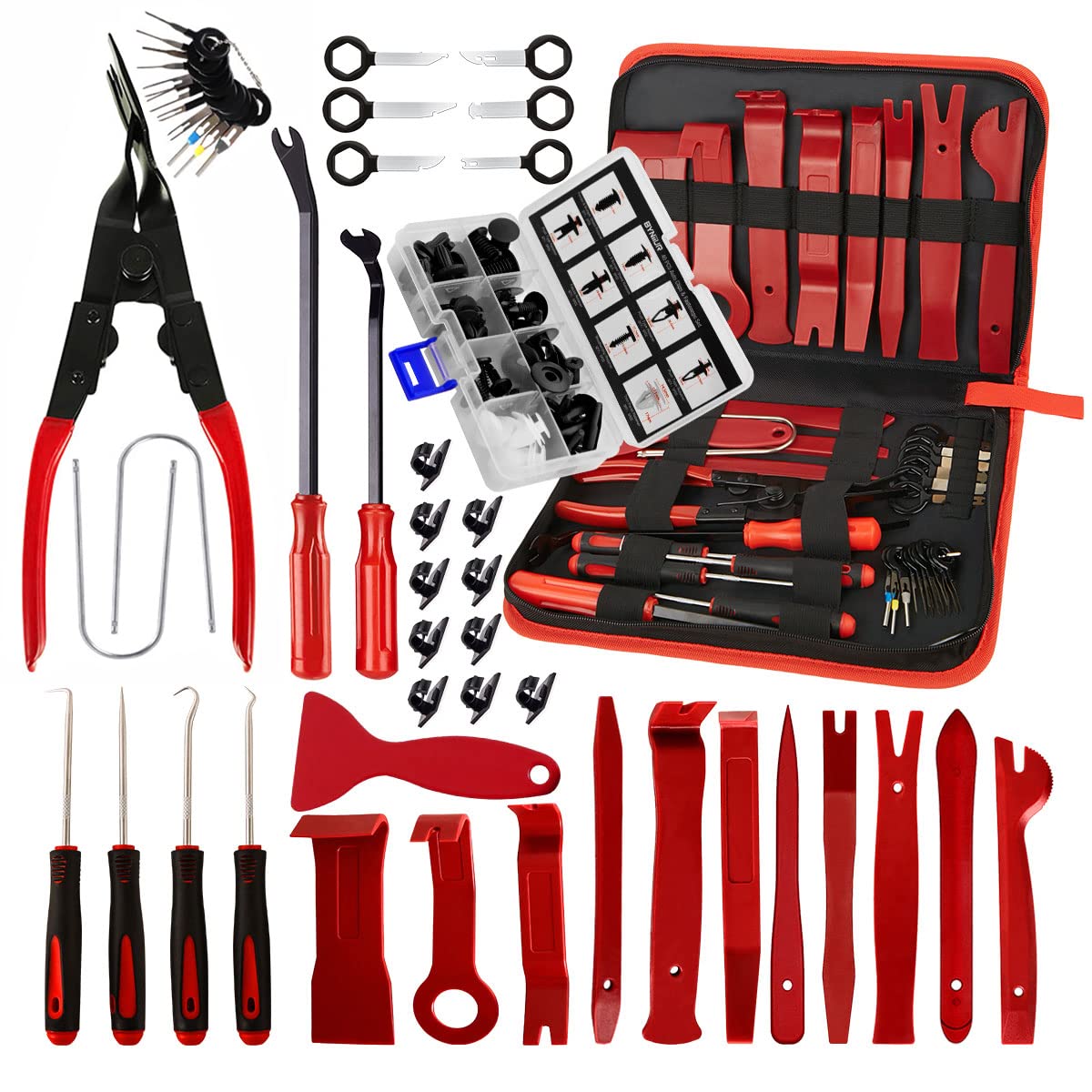 BYNIIUR Automotive Trim Removal Tool Kit - Fastener Remover, Plastic Pry Tools for Car Door Panels & Radio Clips - Red | Professional Auto Interior Repair & DIY Installation Accessories