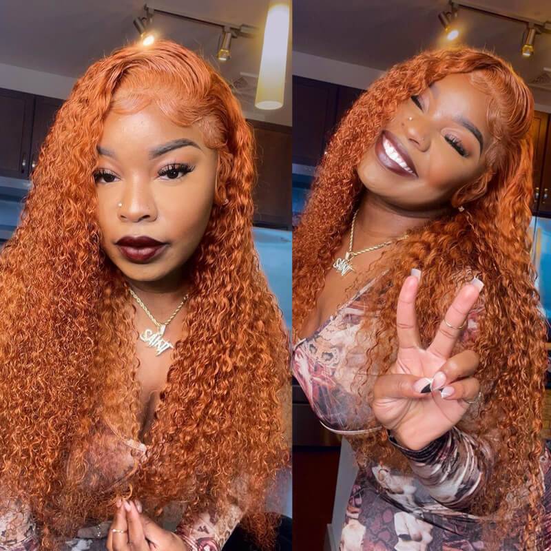 Eullair 30HL Curly Human Hair Lace Front Wig - Orange Ginger Copper Color | Natural Look for Daily Wear & Cosplay