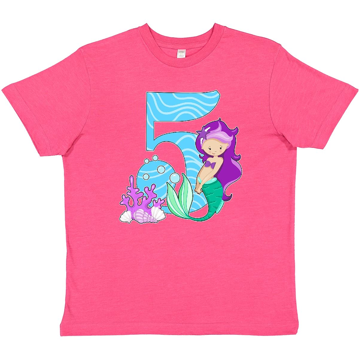 Inktastic Fifth Birthday Mermaid Youth T-Shirt - Cute Girls' Mermaid Themed Birthday Shirt for 5 Year Olds - Perfect for Birthday Parties, Beach Outings & Dress-Up Play
