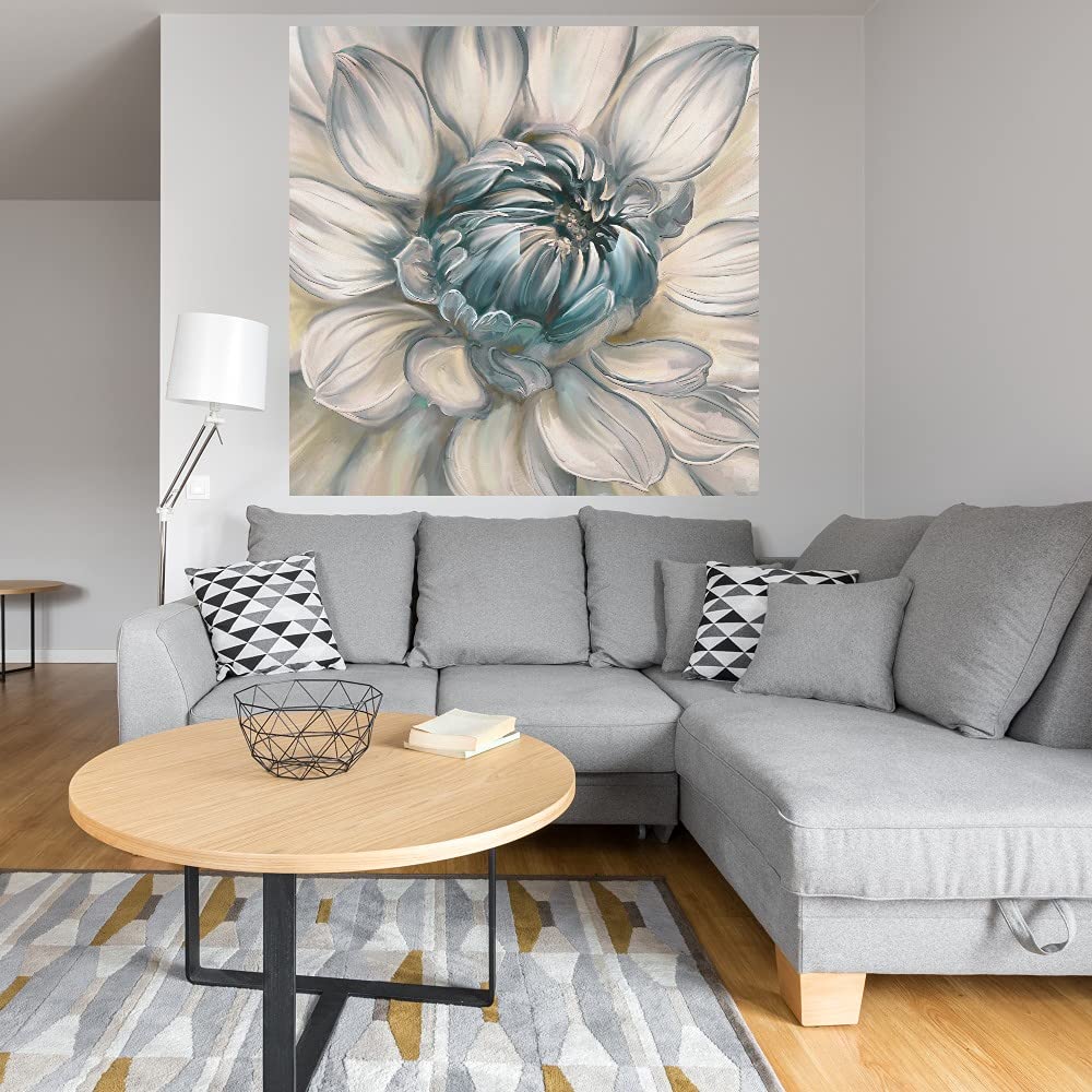 Botanical Wall Art Canvas - Daytime Dahlia Blue II Floral Painting - 22x22 Inch Bathroom & Bedroom Decor - Handmade Canvas Artwork for Home & Office - Perfect for Living Room, Spa, Salon Interior Design