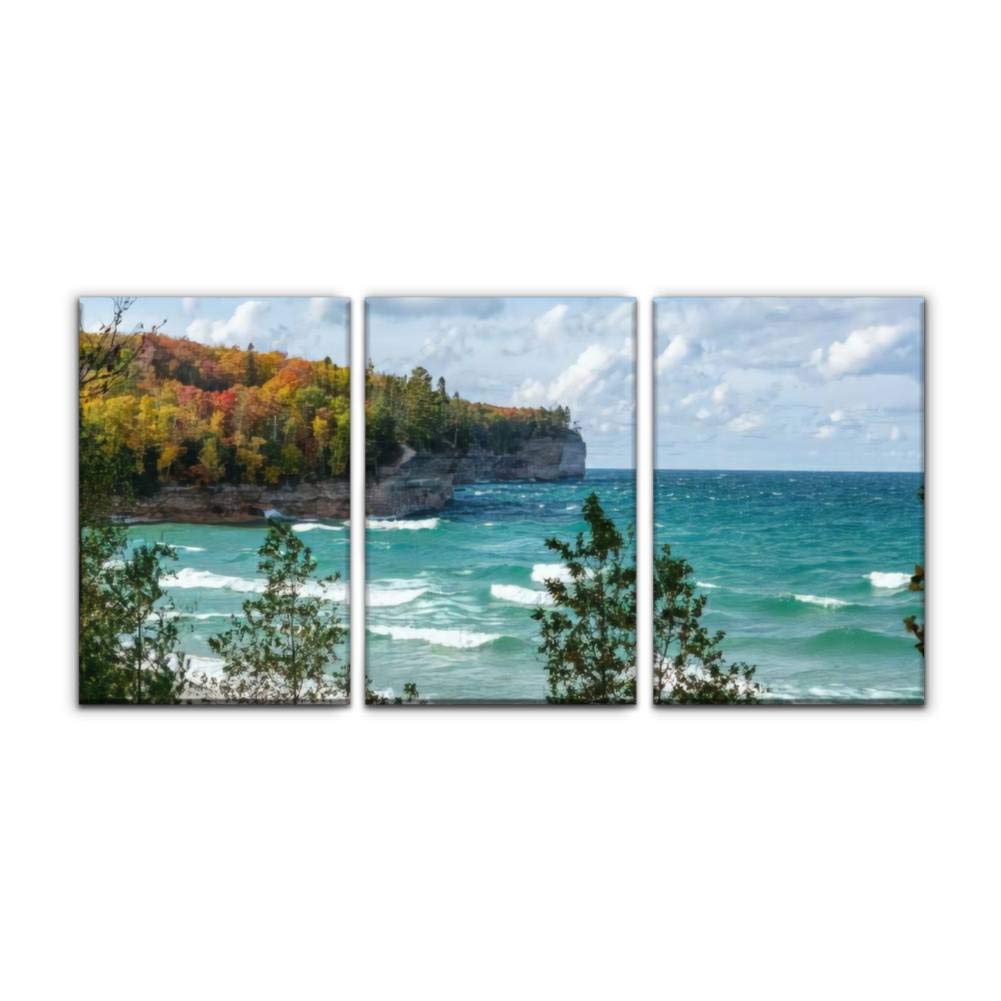 Modern Canvas Painting - Crashing Waves & Autumn Trees on Lake Superior Shore, Michigan Wall Art - Printed Oil Painting Landscape for Home, Office, Bedroom Decor - Framed Canvas Set (16