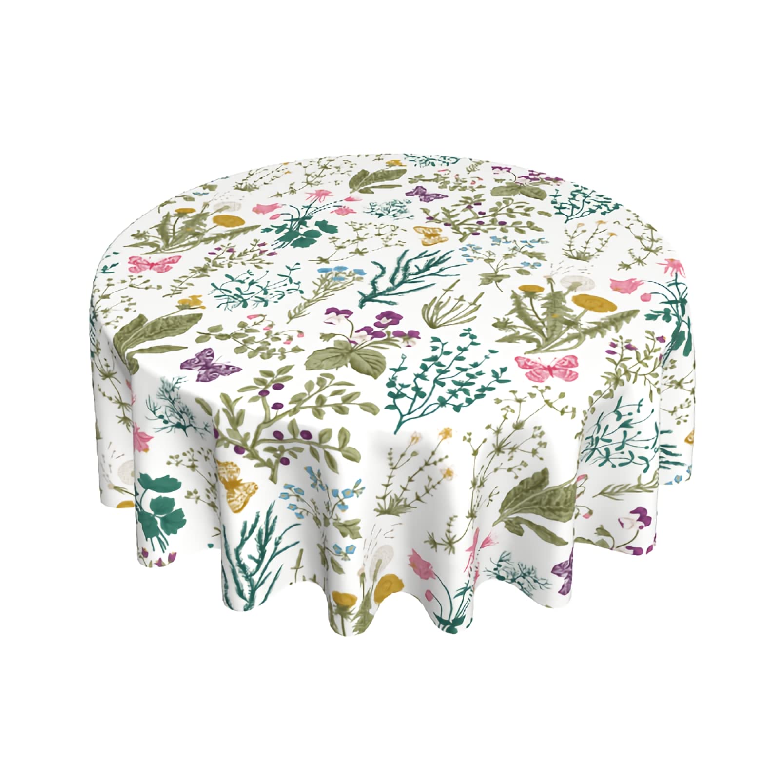 Sweetshow 60 Inch Round Floral Tablecloth - Herbal Wildflowers Design for Spring & Summer, Perfect for Dining Tables, Living Room, Kitchen Decor, and Party Settings