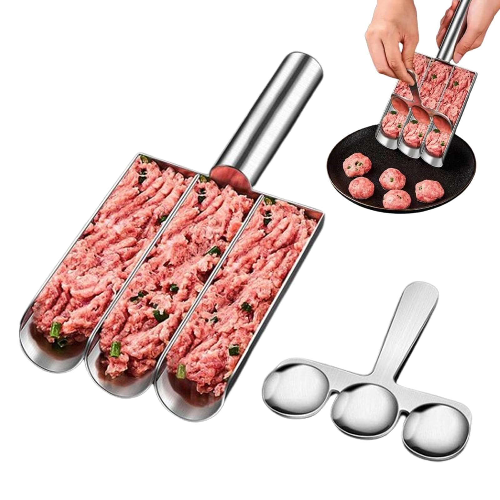 CONTIA 3-in-1 Stainless Steel Meatball Maker Set - Meatball Scoop, Rice Ball & Fishball Mold - Perfect for Homemade Meatballs, Sushi Rice Balls & Shrimp Sliders - Ideal for Catering, Home Cooking & Meal Prep