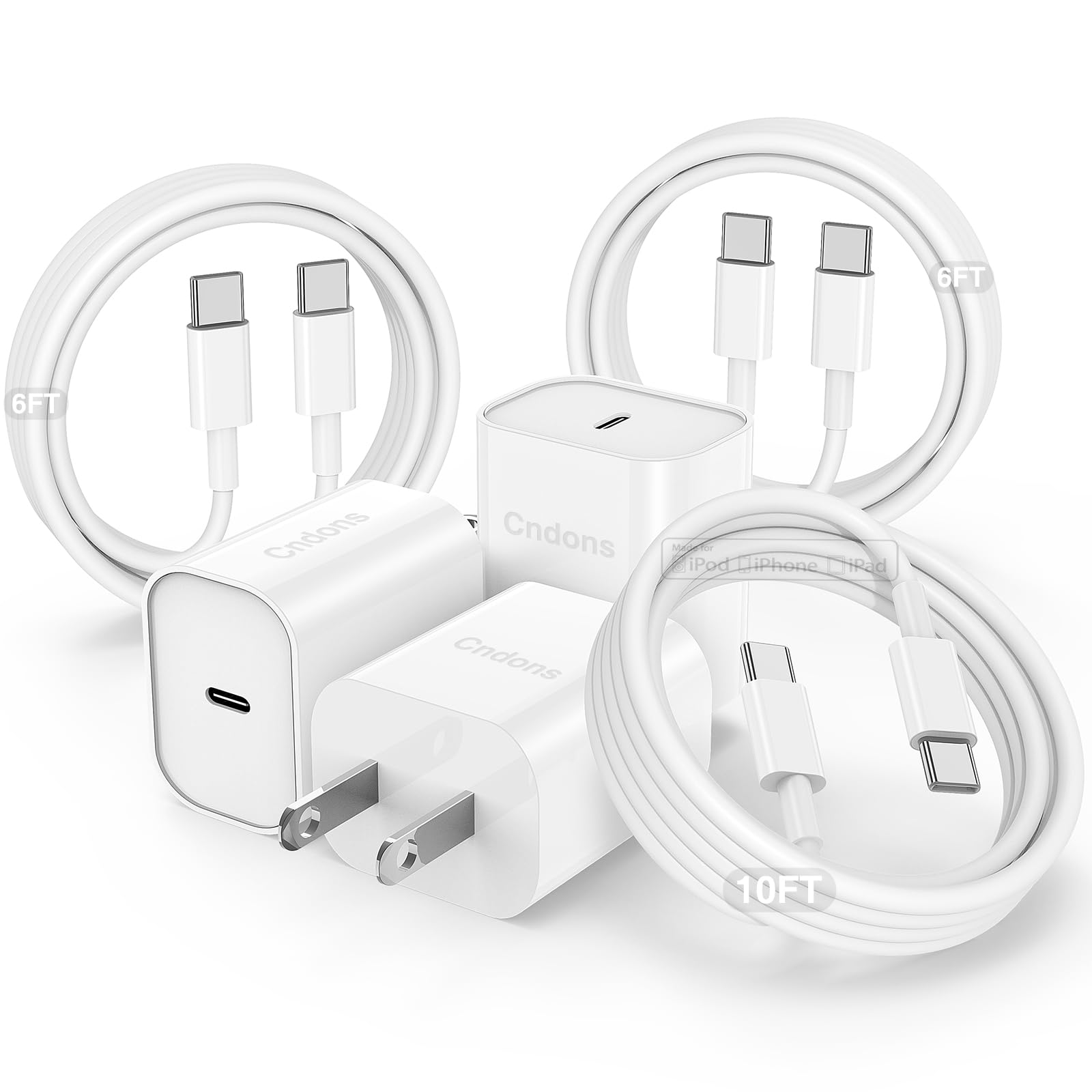 3-Pack Fast Charger for iPhone 16/15 Series - 20W USB-C Power Adapter with 6ft+6ft+10ft Cables - Compatible with iPhone 16 Pro Max/15 Pro Max, iPad Pro/Air/Mini & AirPods Pro 2 - Perfect for Home, Office & Travel Charging