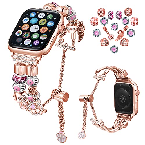 KoudHug Bling Bands for Apple Watch 38mm 40mm 41mm - Women's Stainless Steel Diamond Bracelet with Detachable Charms Compatible with iWatch Series SE/7/6/5/4/3/2/1 - Perfect for Workouts, Parties & Everyday Wear