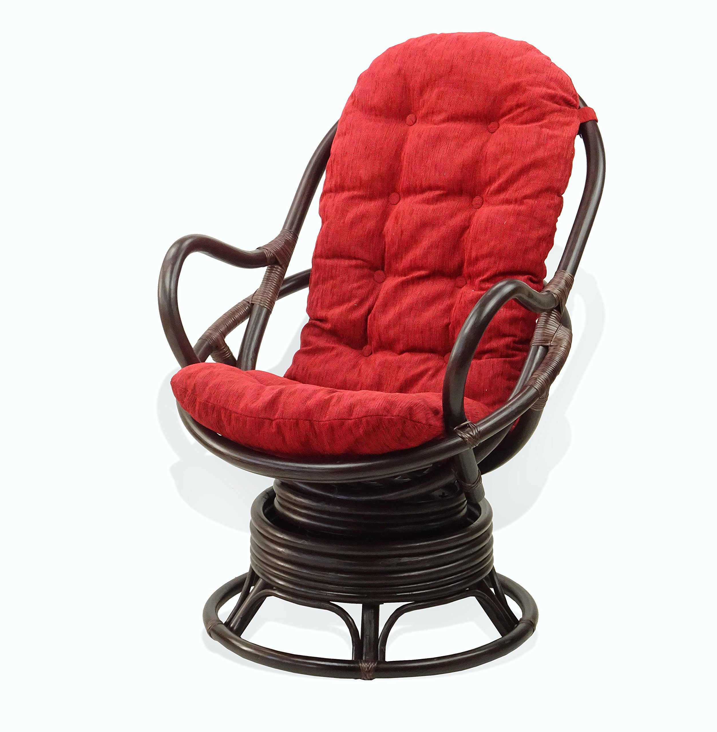 Natural Rattan Wicker Swivel Rocking Chair with Cream Cushion - Dark Brown Lounge Java Chair for Living Room, Patio, or Sunroom Relaxation
