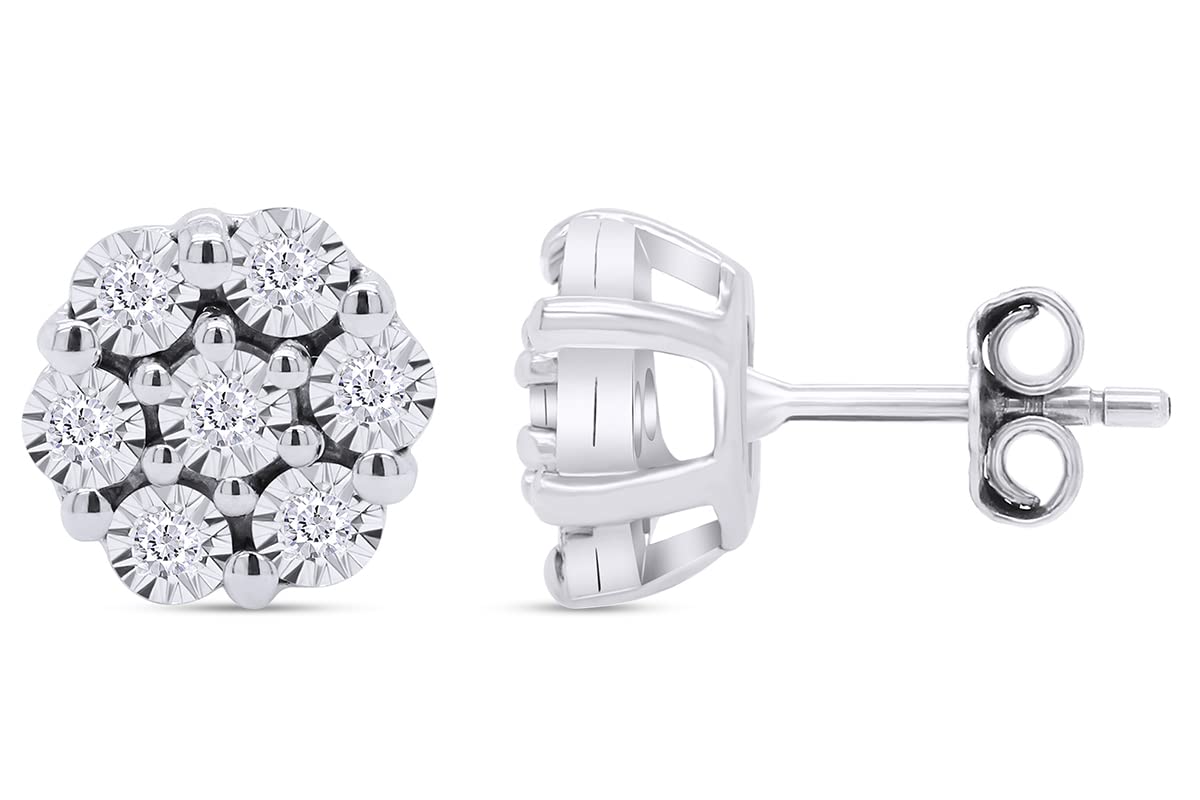 1/10 Carat Round Cut White Natural Diamond Stud Earrings for Women - 14k Gold Plated 925 Sterling Silver Flower Cluster Miracle Set (I2-I3 Clarity, I-J Color, 0.10 Cttw) - Perfect for Weddings, Anniversaries & Special Occasions