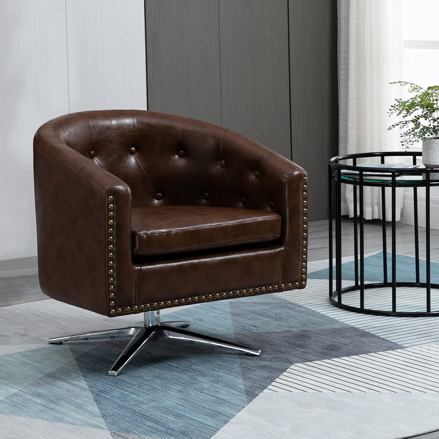 HOMHUM Mid-Century Modern Swivel Accent Chair - Genuine Leather Upholstered Club Chair with Wide Seat & Sturdy Metal Legs - Stylish Living Room, Bedroom, Office Reception Furniture (Brown) - Perfect for Reading Nooks, Home Offices and Lounge Areas