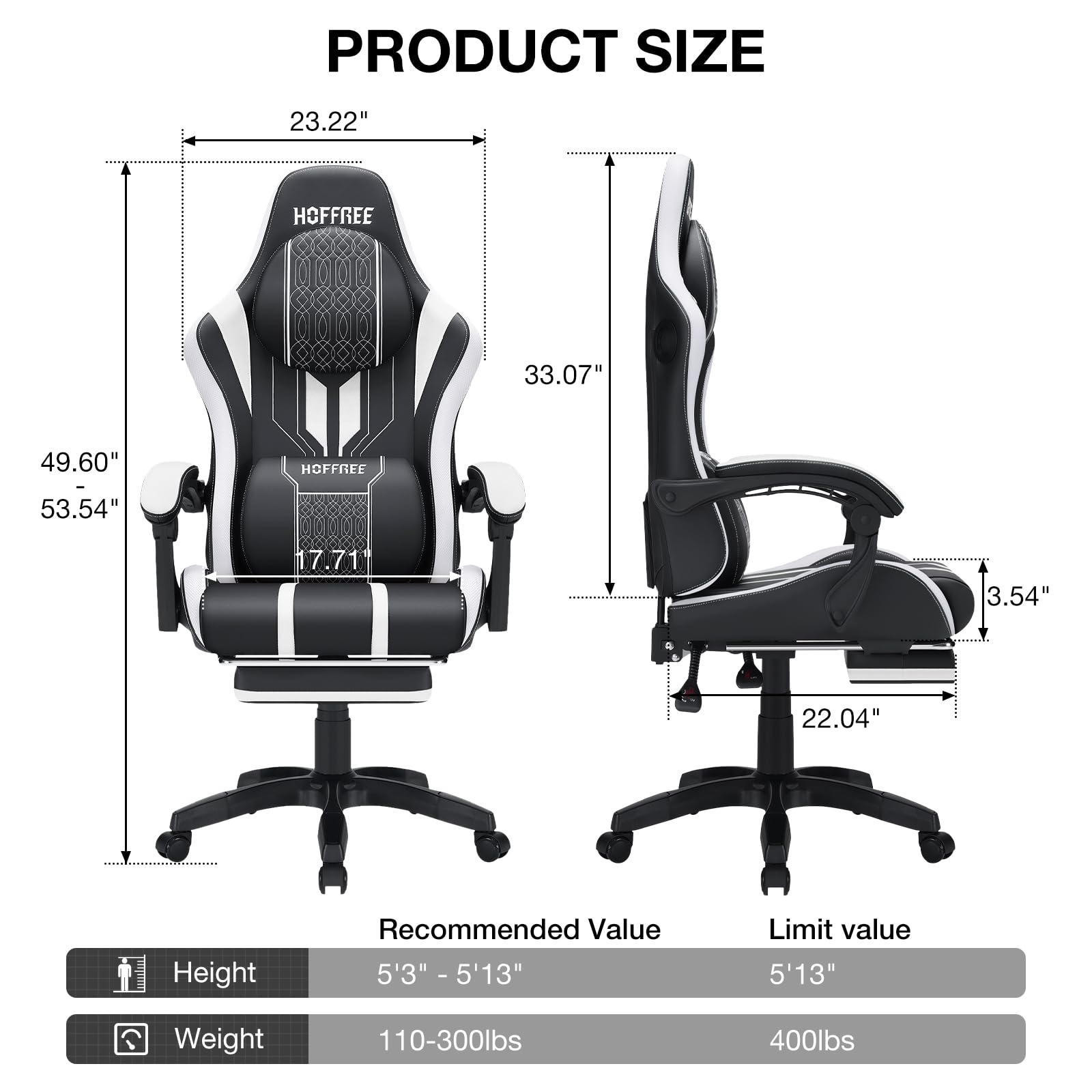 HOFFREE Ergonomic Gaming Chair with Built-in Bluetooth Speakers & Massage Function - Big and Tall Computer Chair with Adjustable Footrest, 400lbs Weight Capacity - White & Black - Perfect for PC Gaming, Home Office & Streaming Setup