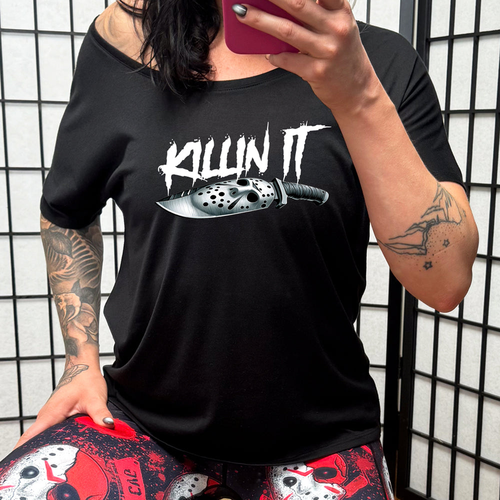 Slasher Killin It | Oversized Slouchy T-Shirt for Women - Soft Cotton Relaxed Fit Tee for Casual Wear, Lounge, and Street Style