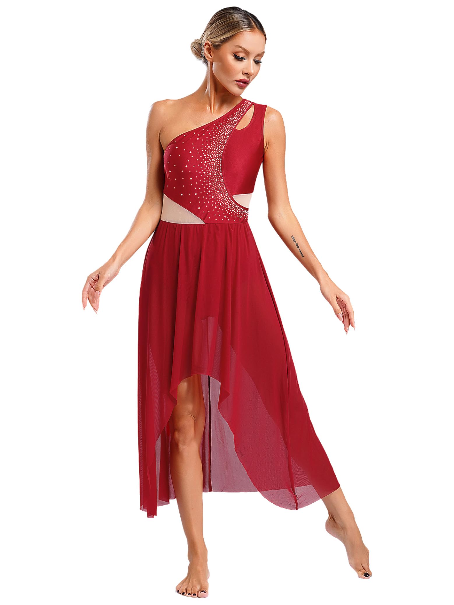 Elegant Women's Lyrical Ballet Dance Costume - Sleeveless Asymmetrical Flowy Maxi Dress for Modern Dance Performances, Recitals, and Stage Shows
