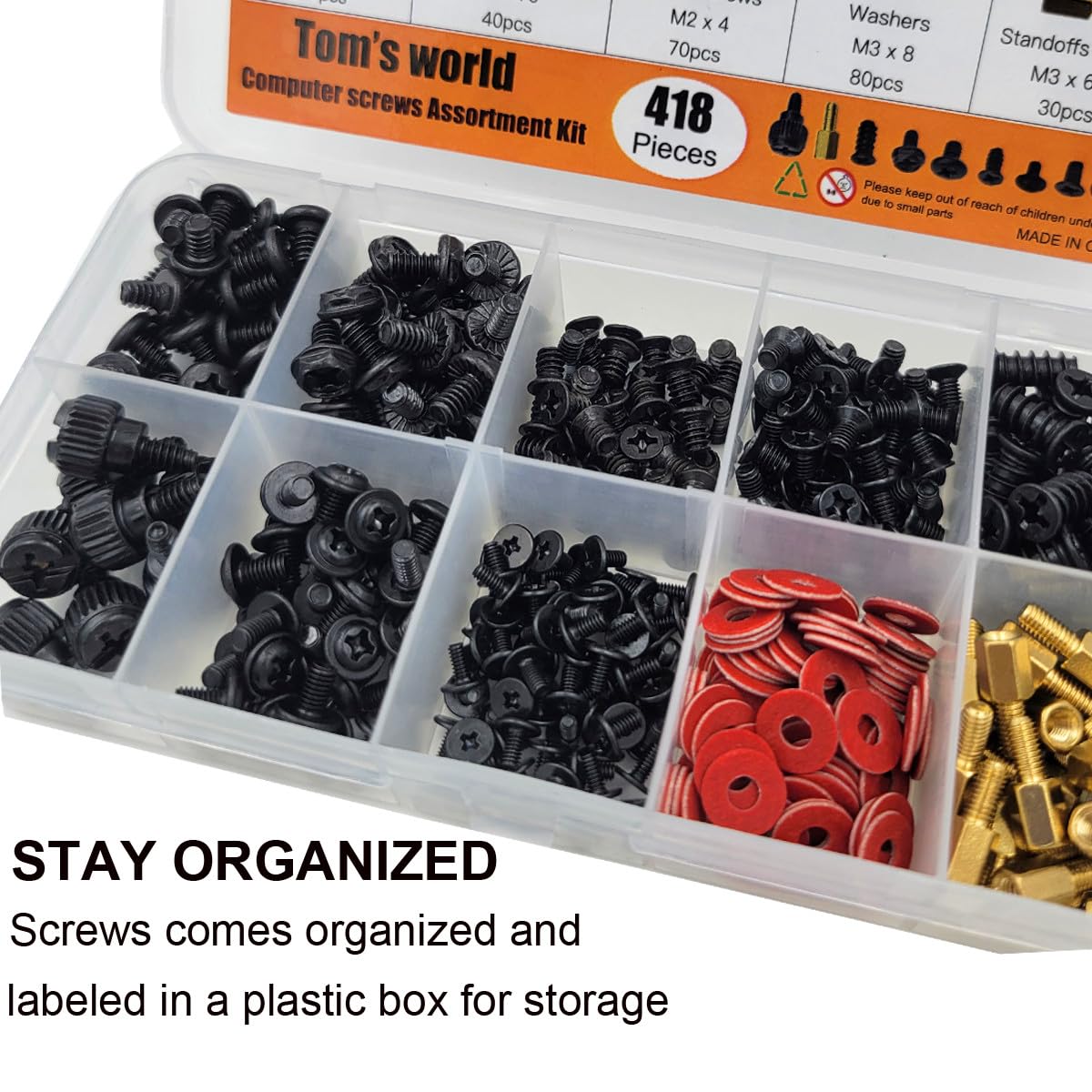 Tom's World 418-Piece Computer Screw Assortment Kit - Motherboard, HDD, SSD, Cooling Fan, ATX Case & Laptop Repair Screws & Standoffs | Perfect for PC Building, Hardware Upgrades & Electronics Maintenance