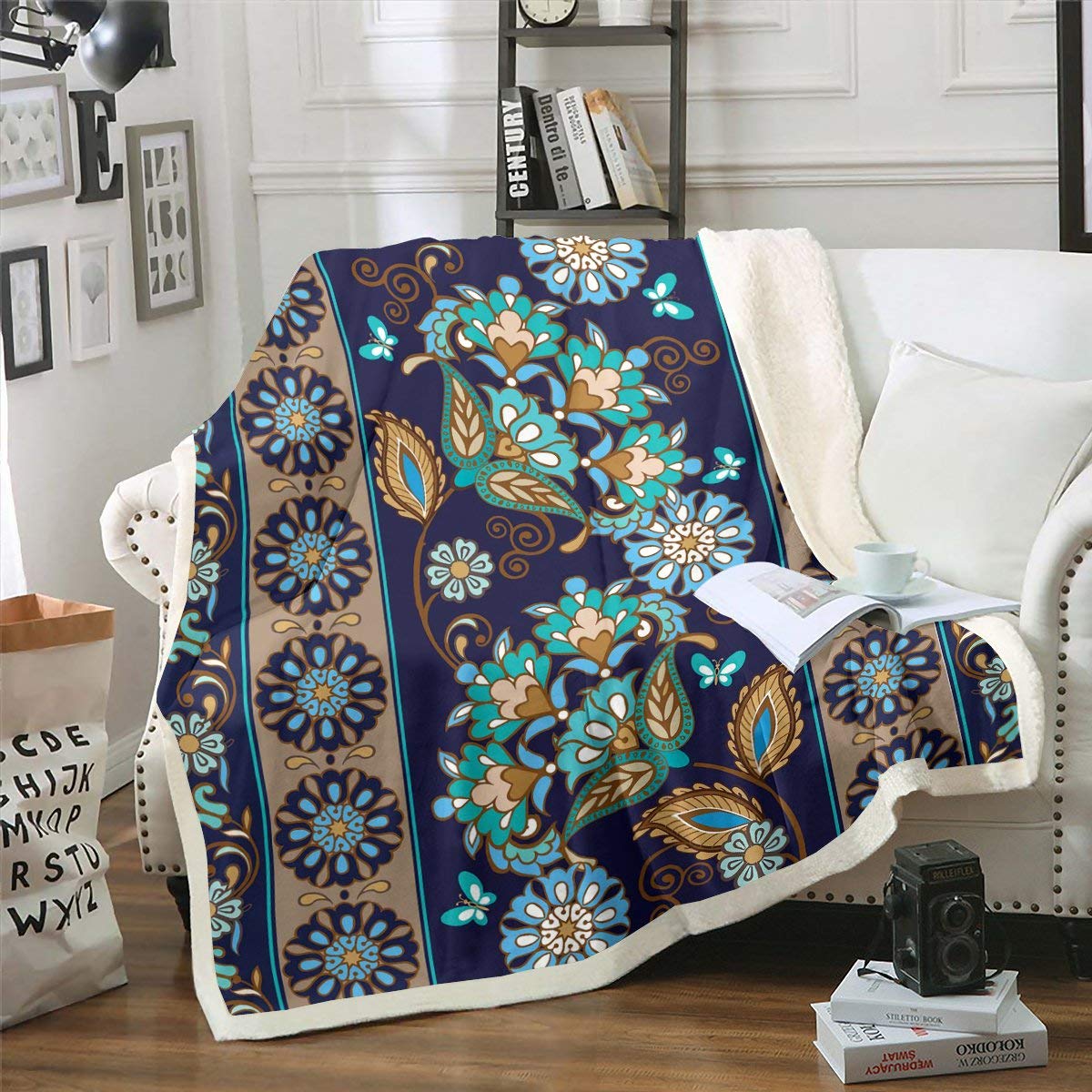 Boho Paisley Print Sherpa Fleece Throw Blanket - Ultra Soft Plush Warm Fuzzy Blanket for Bed, Sofa & Couch - 90