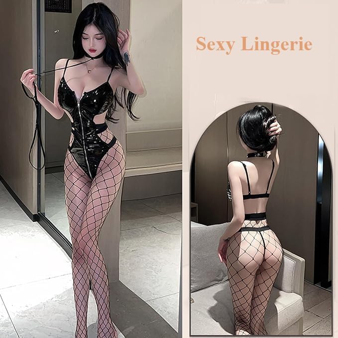 Sexy Lingerie Set for Women - Open Crotch Suspenders & Bodysuit with Zipper | Erotic Lingerie Outfit for Romantic Nights & Boudoir Photography