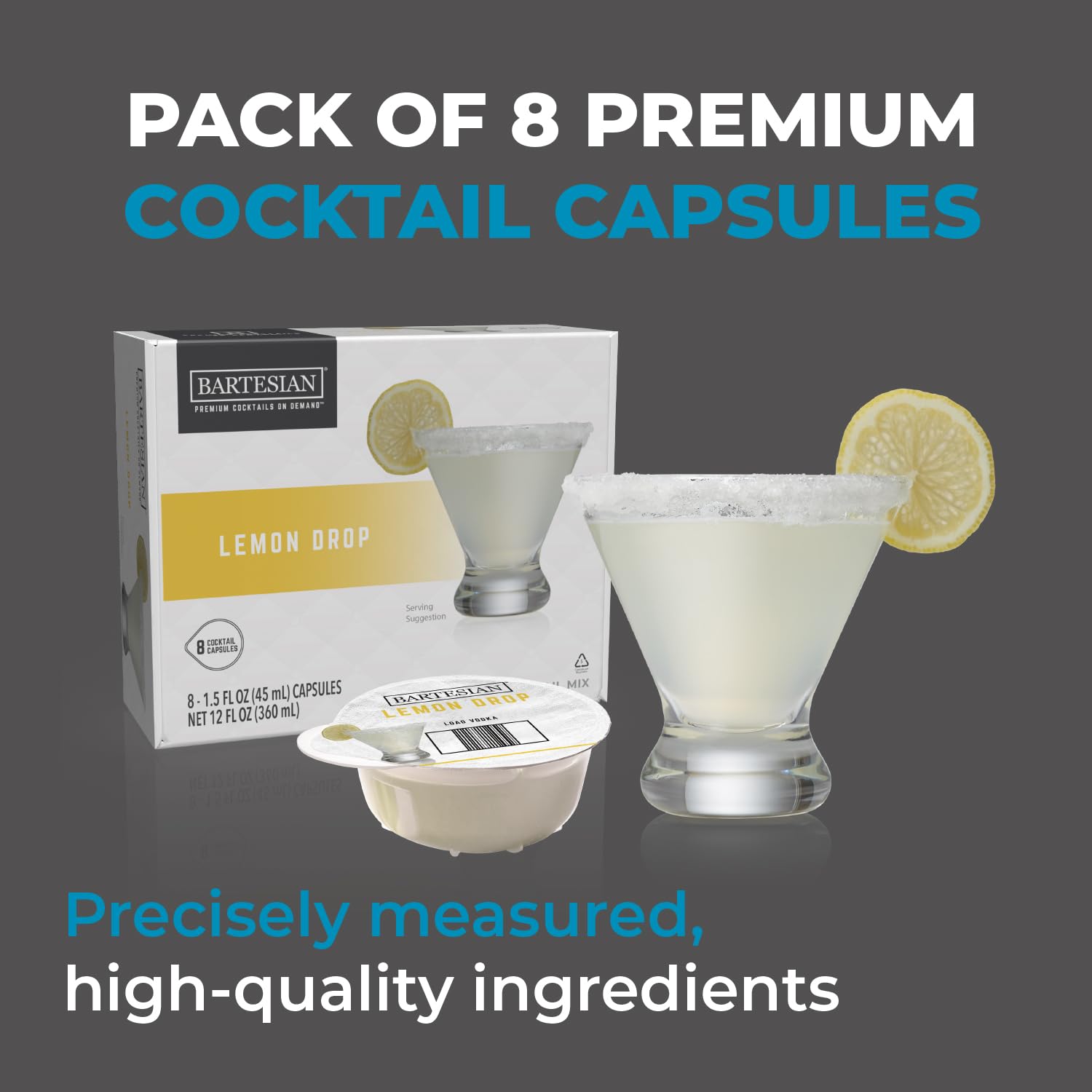 Bartesian Lemon Drop Cocktail Mixer Capsules - Pack of 8 Premium Cocktail Pods for Bartesian Machine (55446) | Perfect for Home Bars, Parties & Entertaining Guests