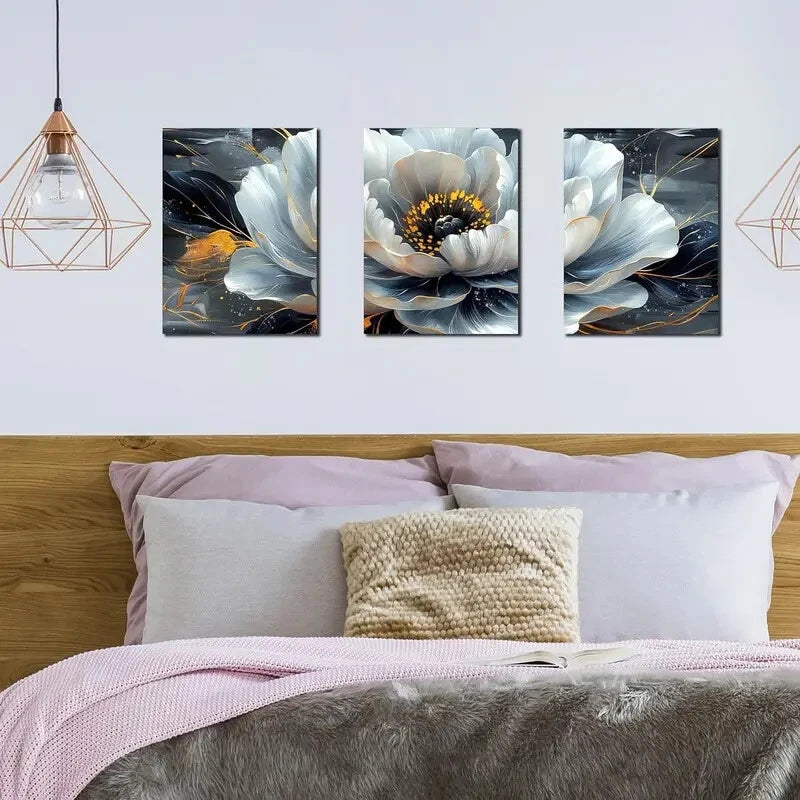 3-Piece Black and White Flower Metal Wall Art Prints - Ready to Hang Home Decor for Living Room, Bedroom & Office
