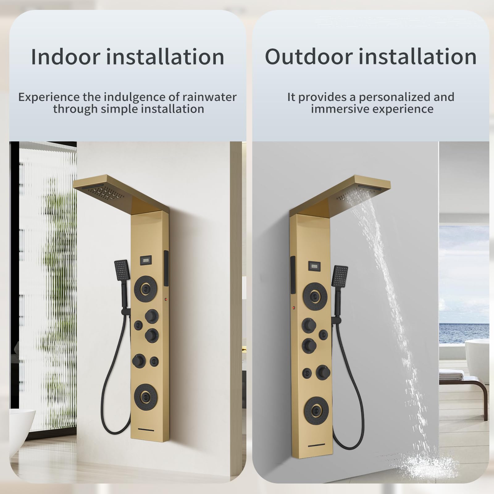 Brushed Gold LED Rainfall Shower Panel System - 6-Function Body Massage Shower Tower with Temperature Display | Wall Mount Bathroom Fixture for Luxurious Spa Experience