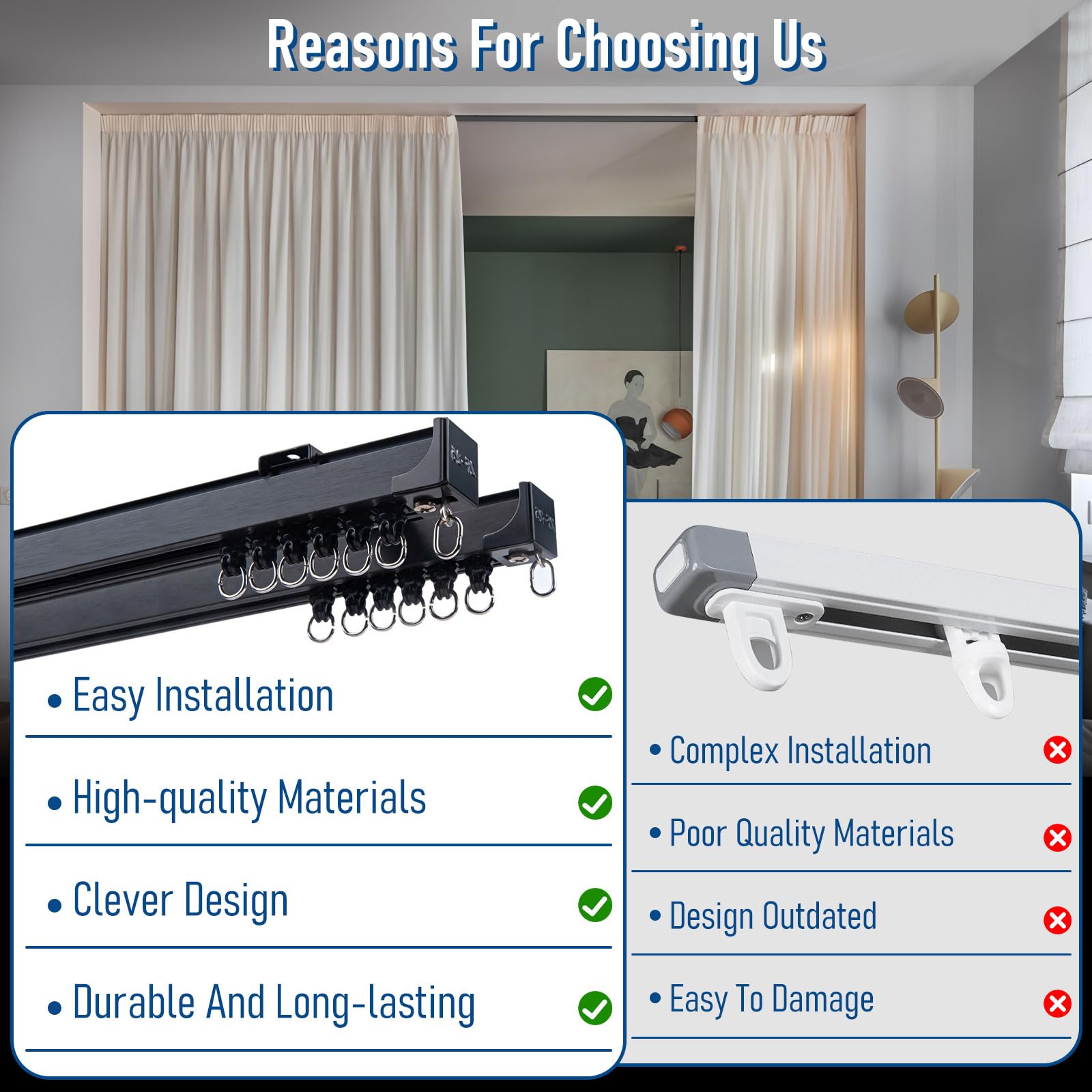 Heavy Duty Ceiling Mounted Curtain Track Rod with Hooks - 6FT Black Room Divider Rail for Living Room, Bedroom, Bathroom | Perfect for Home Partition, Privacy Screens & Window Treatments