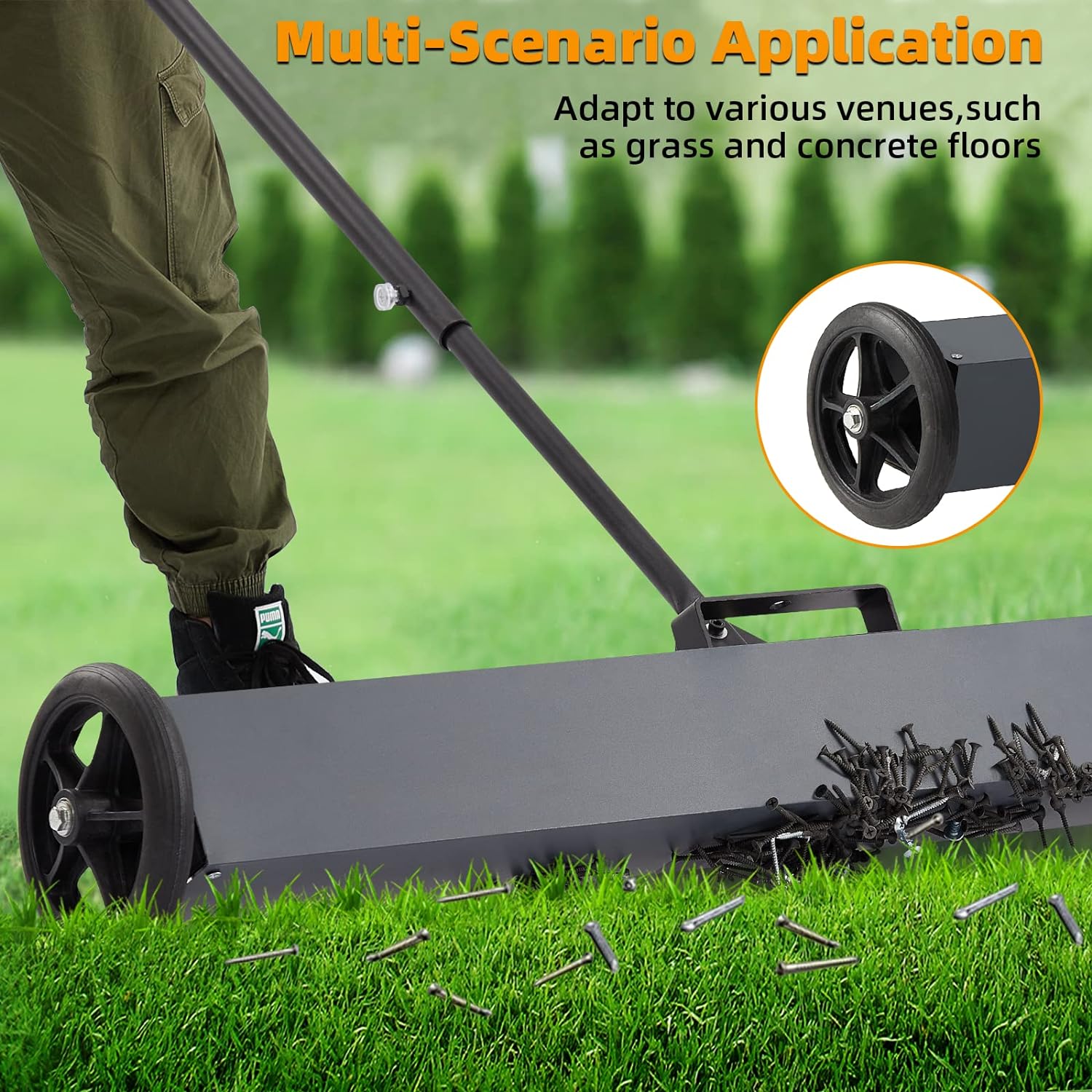 GARVEE 36-Inch Heavy Duty Floor Sweeper with 50 Lbs Rolling Magnet - Industrial & Warehouse Floor Cleaning for Debris, Nails, and Metal Scraps