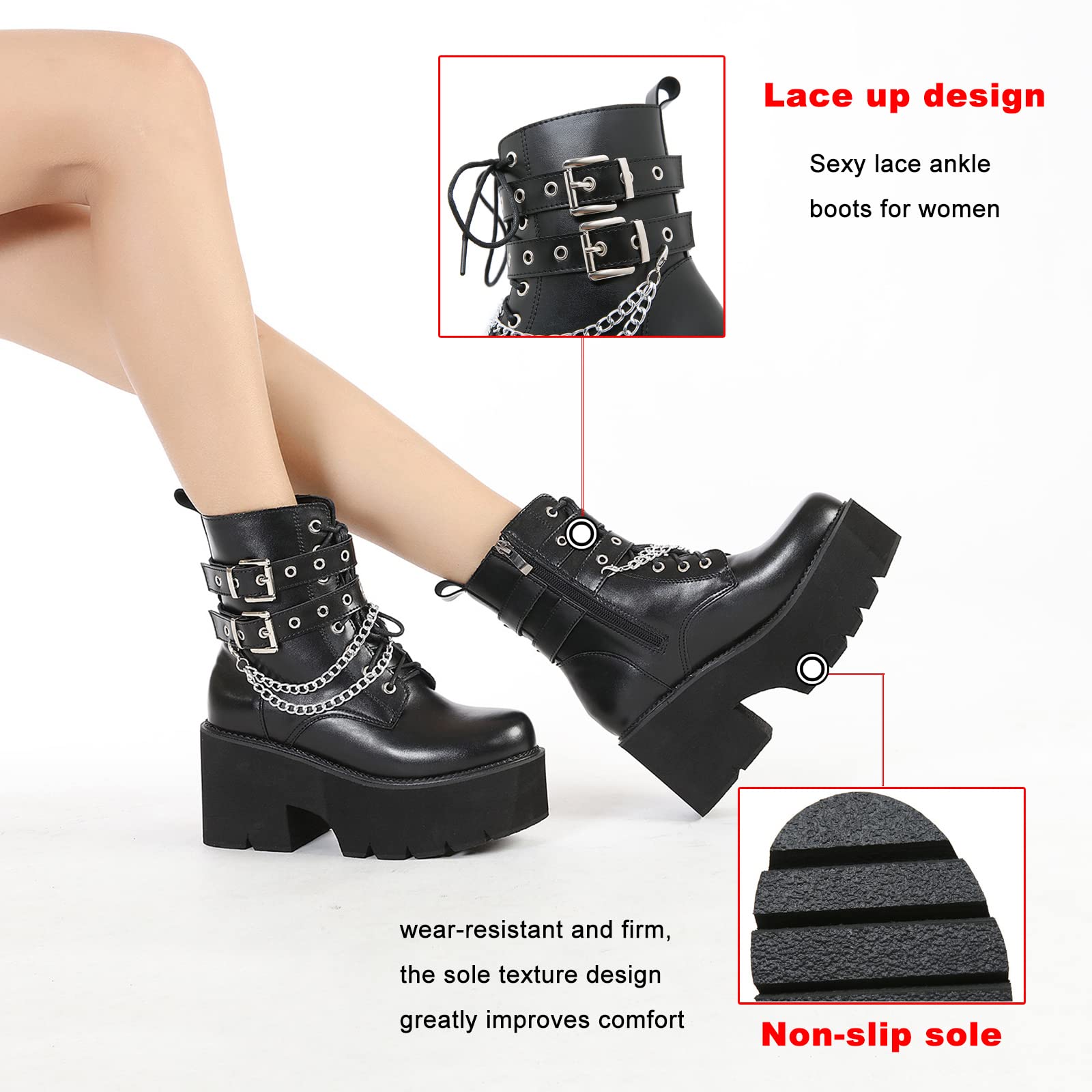 TNXZ Women's Faux Leather Combat Boots - Mid Heel Lace-Up Ankle Booties with Chain Detail & Platform Sole | Stylish Motorcycle Boots for Casual Outfits, Night Out & Fall Fashion