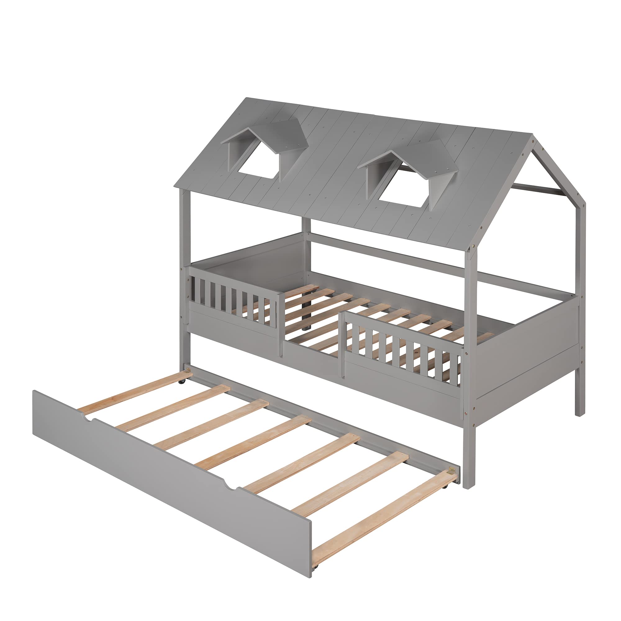 Twin Size Wooden House Bed with Trundle - Kids Daybed Frame with Safety Fence & Roof Design - Easy Assembly for Boys & Girls Bedroom - Perfect for Sleepovers, Playtime & Cozy Naps (Gray+Twin+House#)