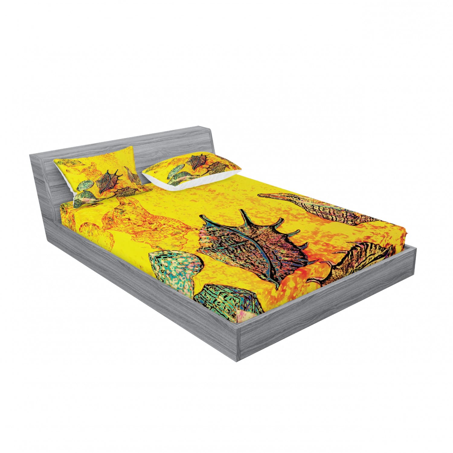 Ambesonne Ocean 2-Pack Fitted Sheet & Pillow Sham Set - Seashells Animal Grunge Design, 4-Piece Bedding Decor Set (2 Queen Size Fitted Sheets & 4 Pillow Covers) in Yellow & Teal for Coastal & Nautical Themed Bedrooms