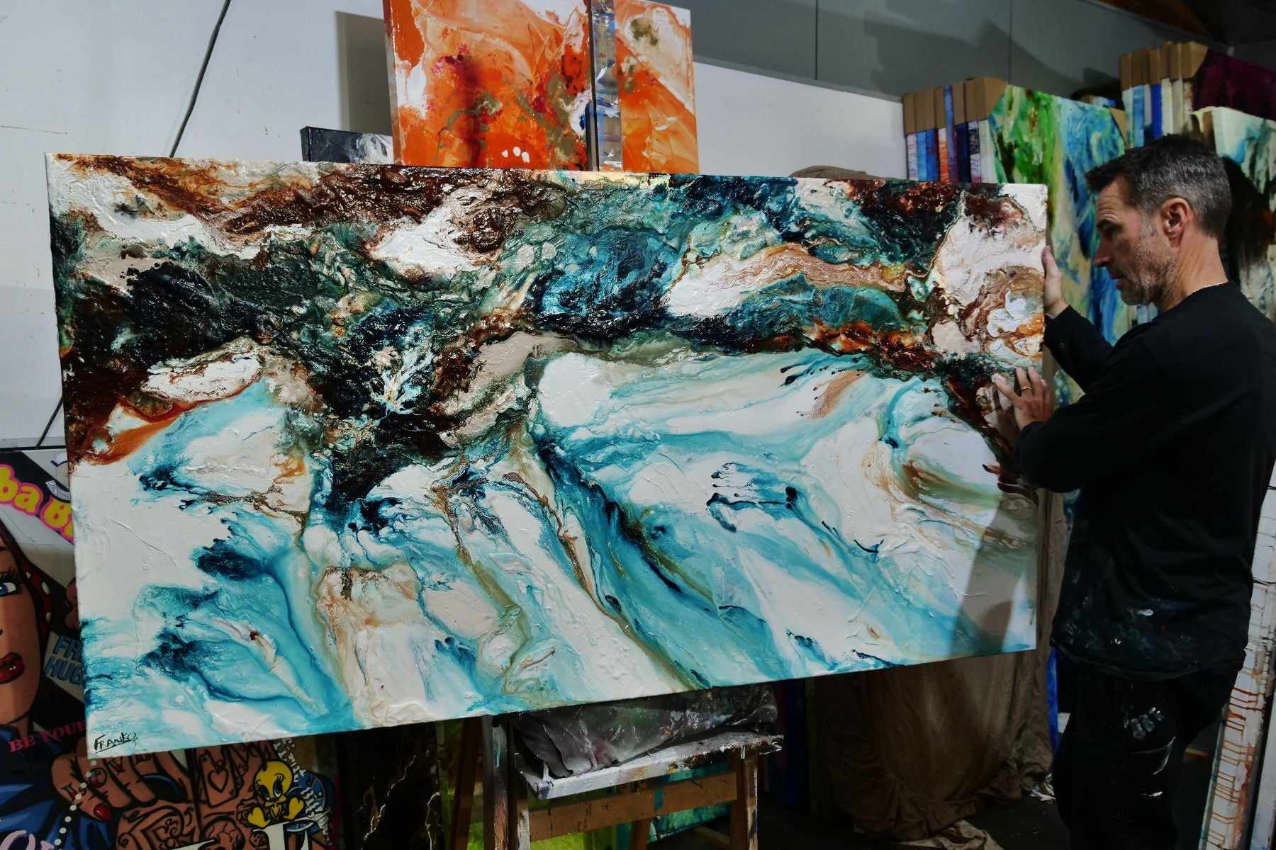 190cm x 100cm Teal White Textured Abstract Painting - Coastal Wave Inspired Wall Art for Living Room, Bedroom & Office Decor