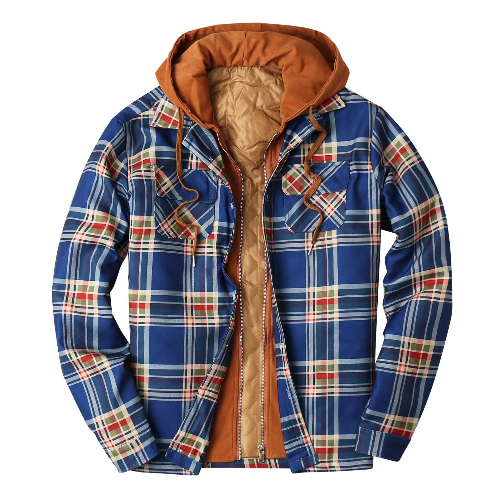 **Men's Plus Size Thermal Quilted Flannel Jacket - Heavyweight Zip-Up Hooded Shirt with Padded Lining | Warm Plaid Coat for Winter Outdoor Activities, Work & Casual Wear**